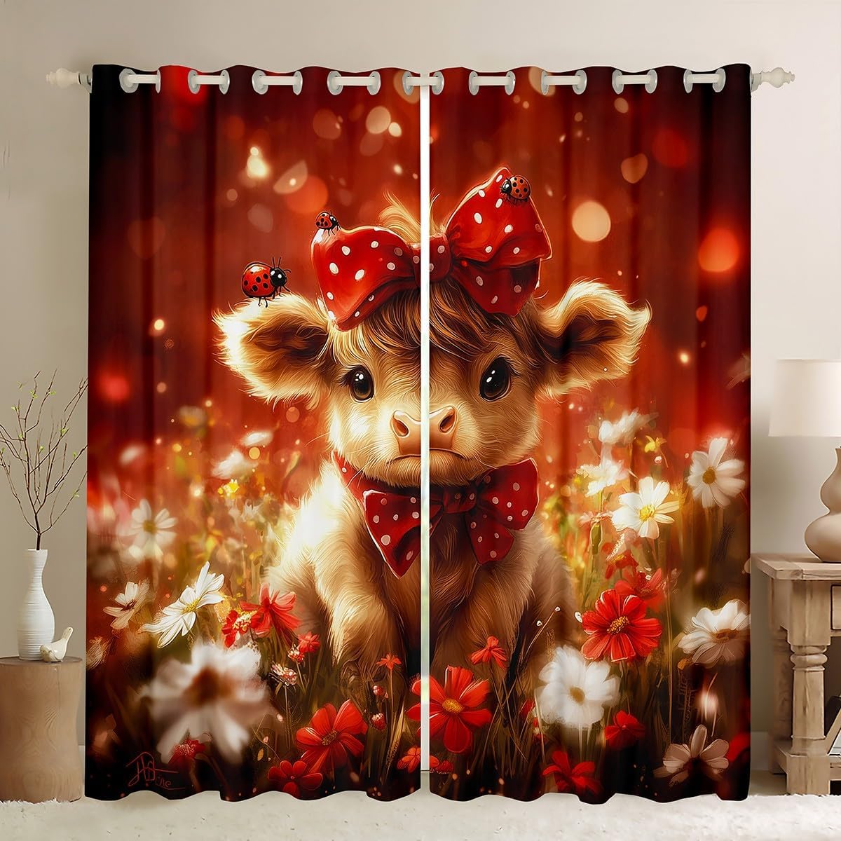 Cartoon Cow Kids Blackout Curtains,Bow Knot Daisy Floral Botanical Rustic Window Drapes for Girls Boys,Cute Highland Cattle Farmhouse Romantic Window Treatments Grommet Top 2 Panel Set,38Wx45L inch