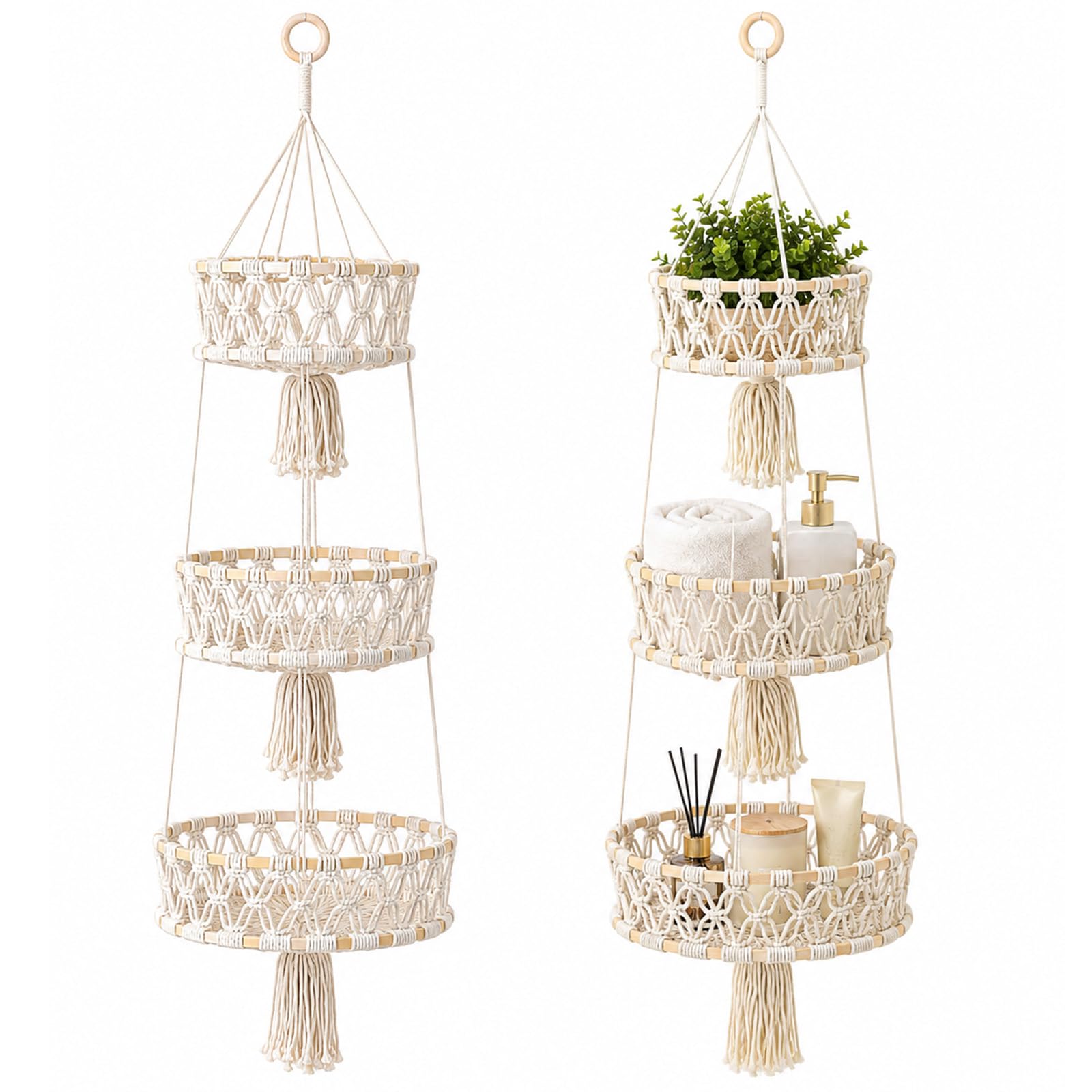 2 Pièces Panier à Fruits Suspendu 3 Niveaux, Ø 20/25/30 cm, Beige | Corbeille à Fruits Suspendue en Corde de Coton, pour Cuisine, Salon, Salle de Bain, Chambre à Coucher, 110 cm