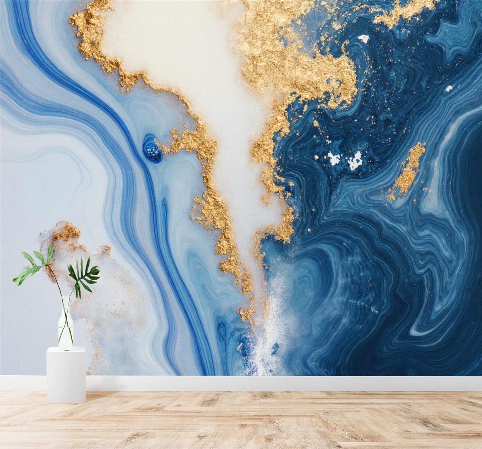 XLMING Abstract Blue and Gold Marble Texture Liquid Art Luxury 3D Wallpaper Premium Textured Silk Study Dining Living Room Bedroom Sofa TV Wall Easy Install-200cm×140cm