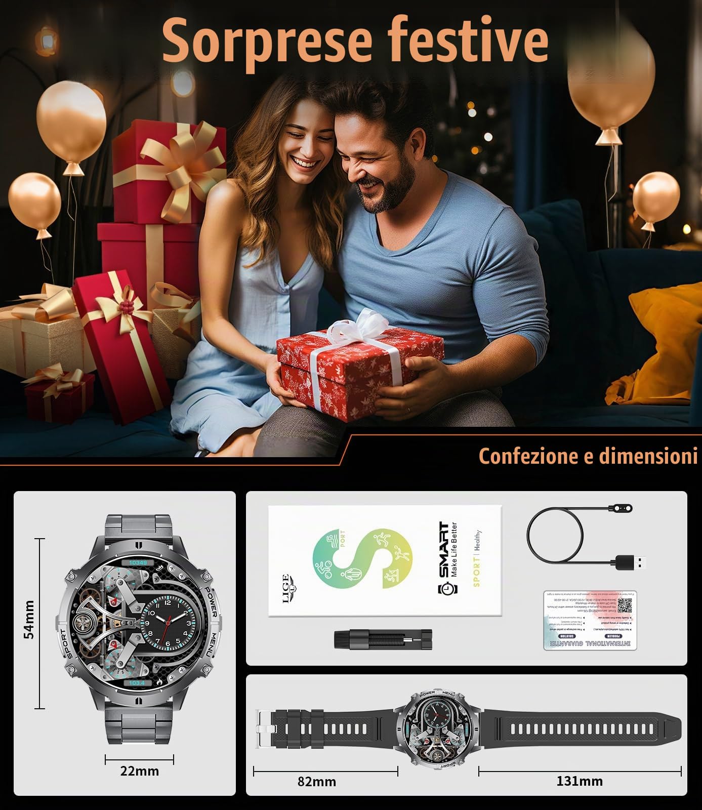 LIGE Orologio Smartwatch Uomo con 900mAh, 1,73” AMOLED Grande Schermo Smart Watch Militare con Bussola Barometro, 110+ Modalità Sportive, Impermeabile IP68, Cardiofrequenzimetro/SpO2 per Android iOS