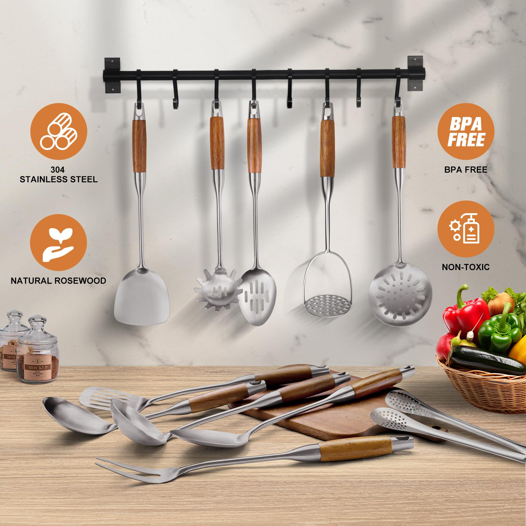 Set di utensili da cucina in acciaio inox 304 con manico in legno, 12 pezzi resistenti al calore, set di utensili da cucina, spatola, mestolo, schiumarola, cucchiaio per spaghetti, pinze
