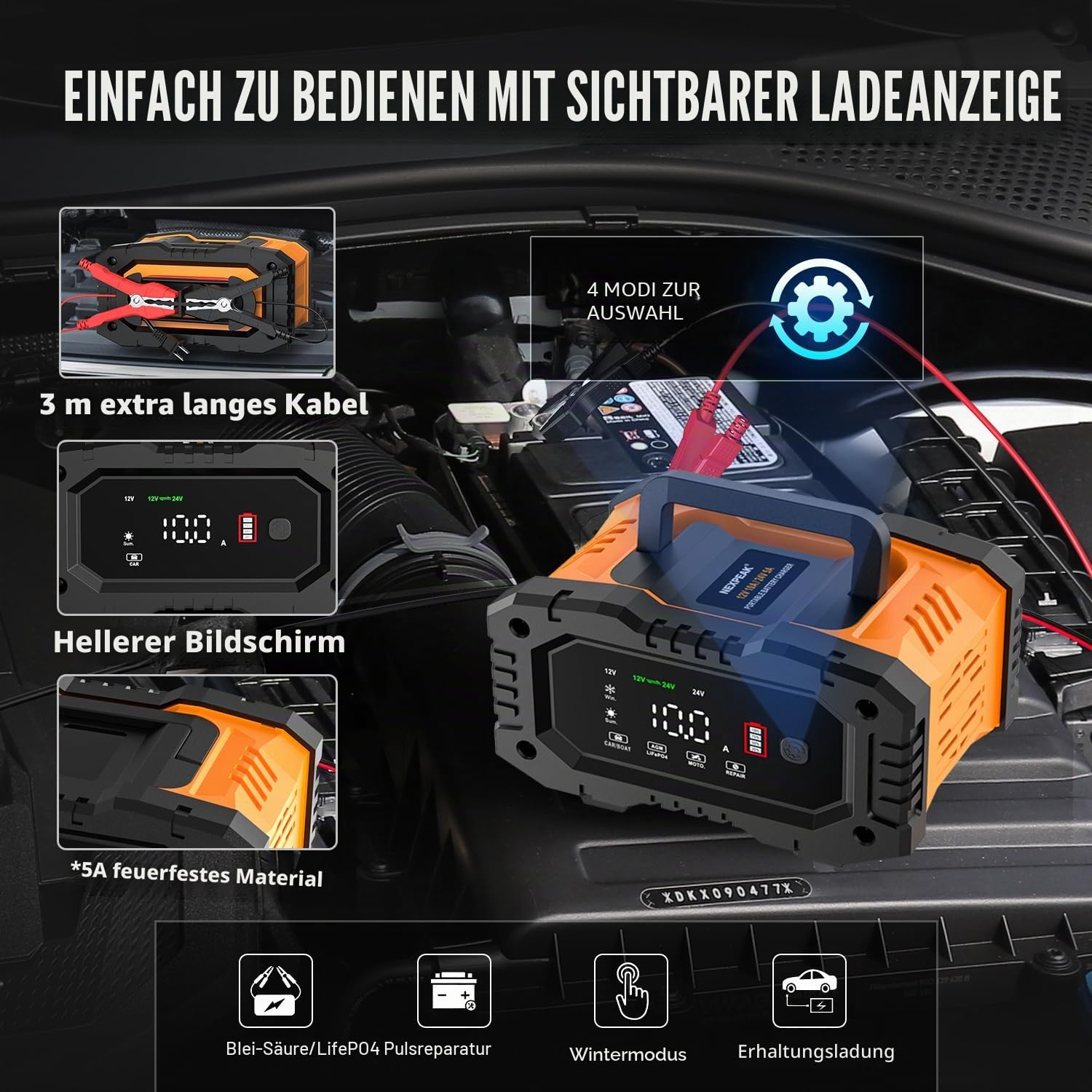 Batterieladegerät 10A, NEXPEAK 12V 24V LiFePO4 Autobatterieladegeräte, Automatischer Maintainer mit Temperaturkompensation für Auto Motorrad LKW, AGM, Gel, Nass, SLA