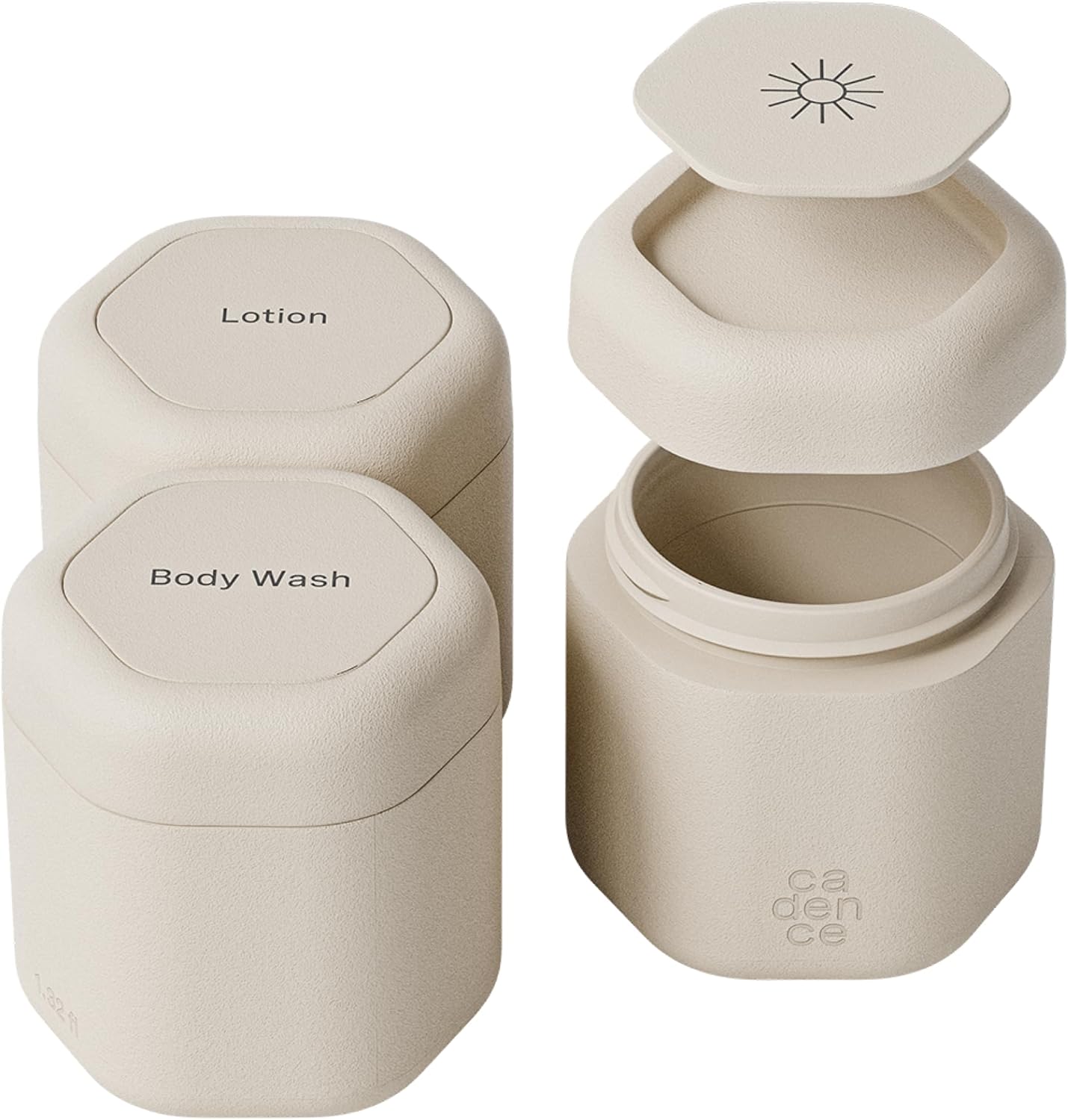 Cadence Travel Containers – Body Care Capsule Set – Magnetic Containers with Lids,Carry On Travel Essentials for Women/Men – 3 Flex Mediums (1.32oz) – Body Wash, Lotion & Sun Icon Labels – Sand