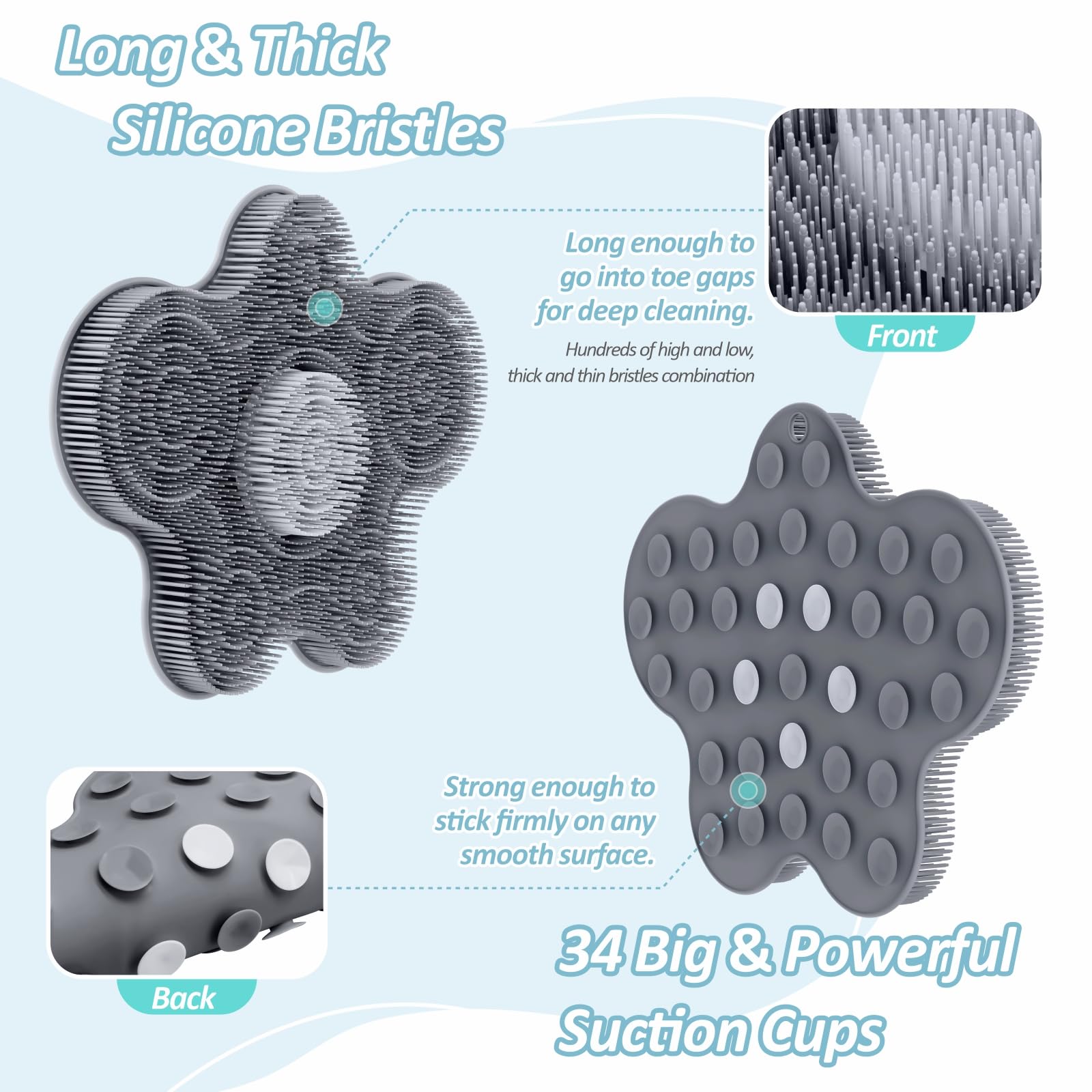Juego de alfombrilla de silicona para pies de ducha y limpiador corporal de silicona, limpiador de espalda grande montado en la pared para limpiar, exfoliar y masajear sin doblarse (gris +