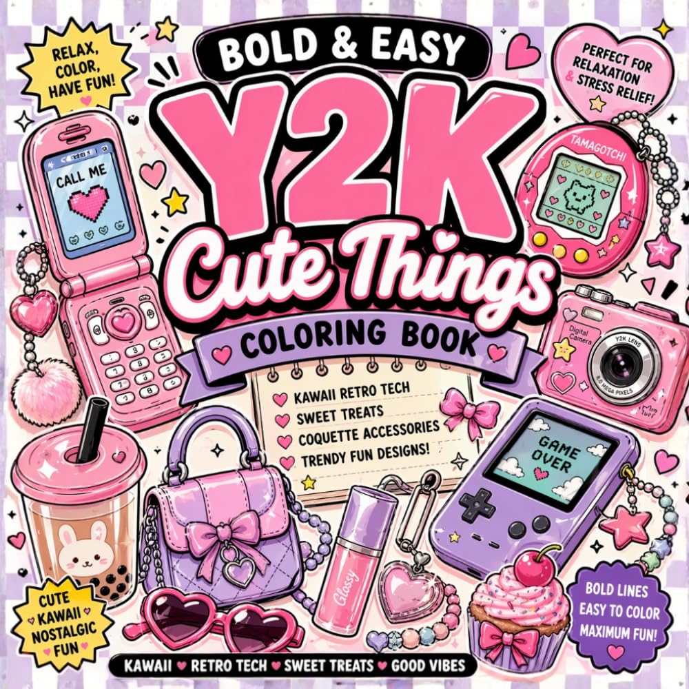 Bold and Easy Y2K Cute Coloring Book for Adults and Teens: Kawaii Retro Tech, Sweet Treats, Coquette Accessories and Trendy Aesthetic Designs