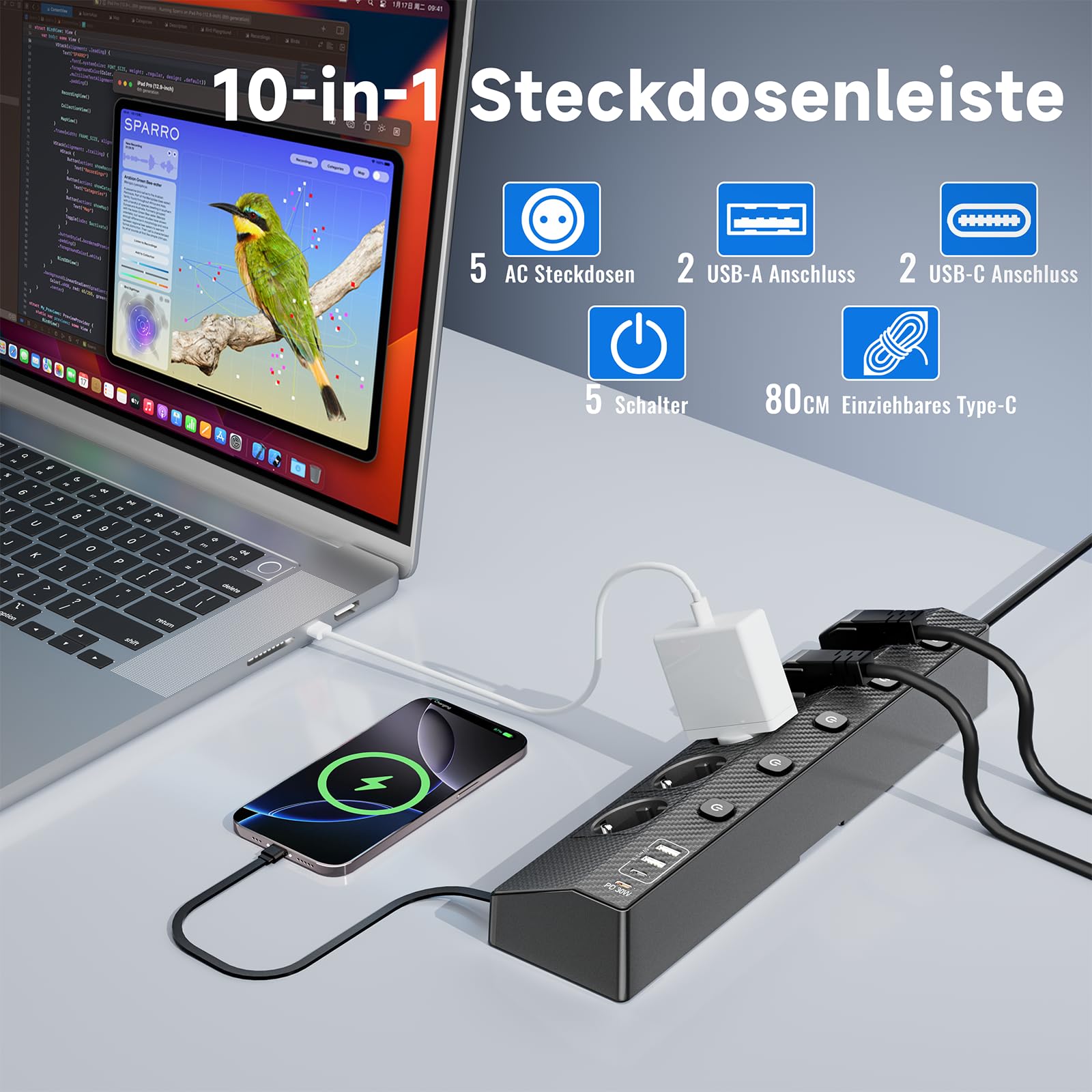 Ciabatta da tavolo con 2 USB C (PD 30 W), 5 prese multiple con interruttore, ciabatta con USB, 4000 W/16 A, cavo da 2 m, per casa, ufficio e viaggi (nero, 3 m e 30 W)