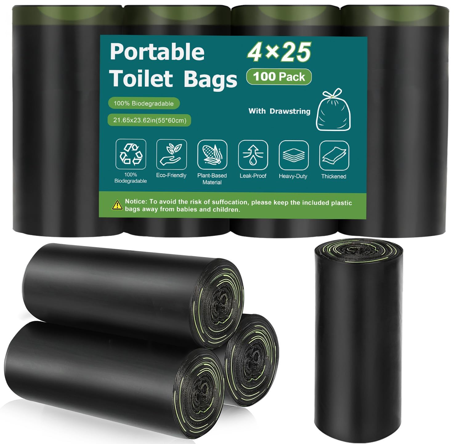 Bolsas de inodoro portátiles con cordón, bolsas de inodoro de camping de 8 galones, bolsas de basura a prueba de fugas, bolsas de inodoro 100 % biodegradables, bolsas de basura compostables para