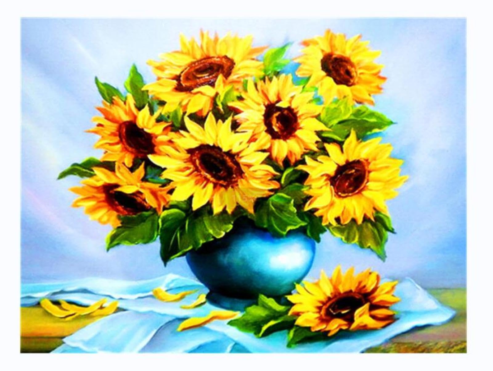 ECUCU Kreuzstich Set „Sonnenblumen & Vase“ – Vorgedruckt 40x50 Cm, Für Anfänger | Inkl. Baumwollfaden, Nadeln, Schere
