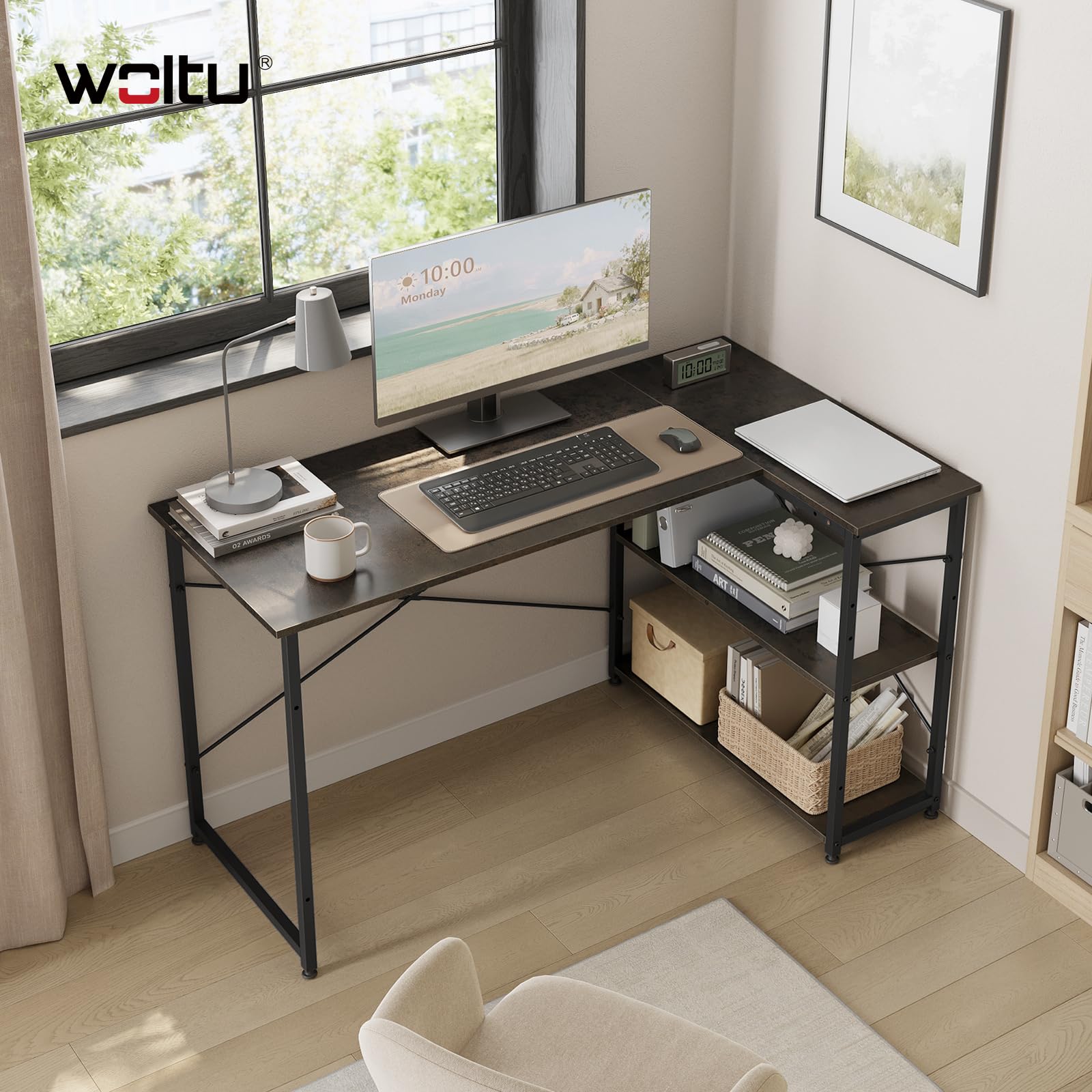 WOLTU Eckschreibtisch120x75 cm, L-förmiger Schreibtisch mit 2 Ablagen, Bürotisch Computertisch PC Tisch, Ecktisch Groß für Büro Homeoffice Gaming, Industrie-DesignSchwarz+Rostfarbe