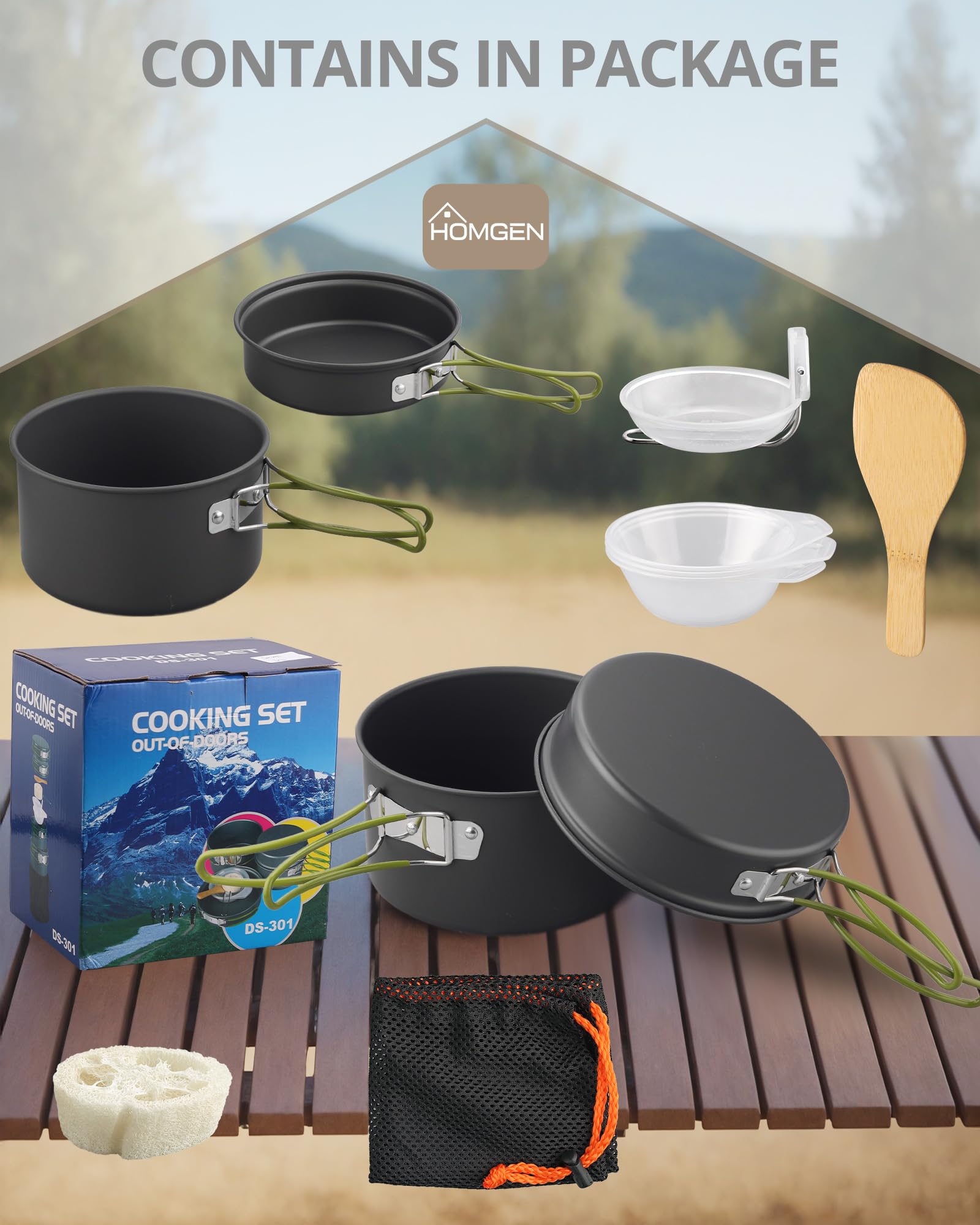 HOMGEN Set da cucina da campeggio Set di pentole e padelle da campeggio in alluminio Kit di pentole da campeggio portatile Kit di cottura leggero Attrezzatura da cucina da campeggio per 2-3 persone
