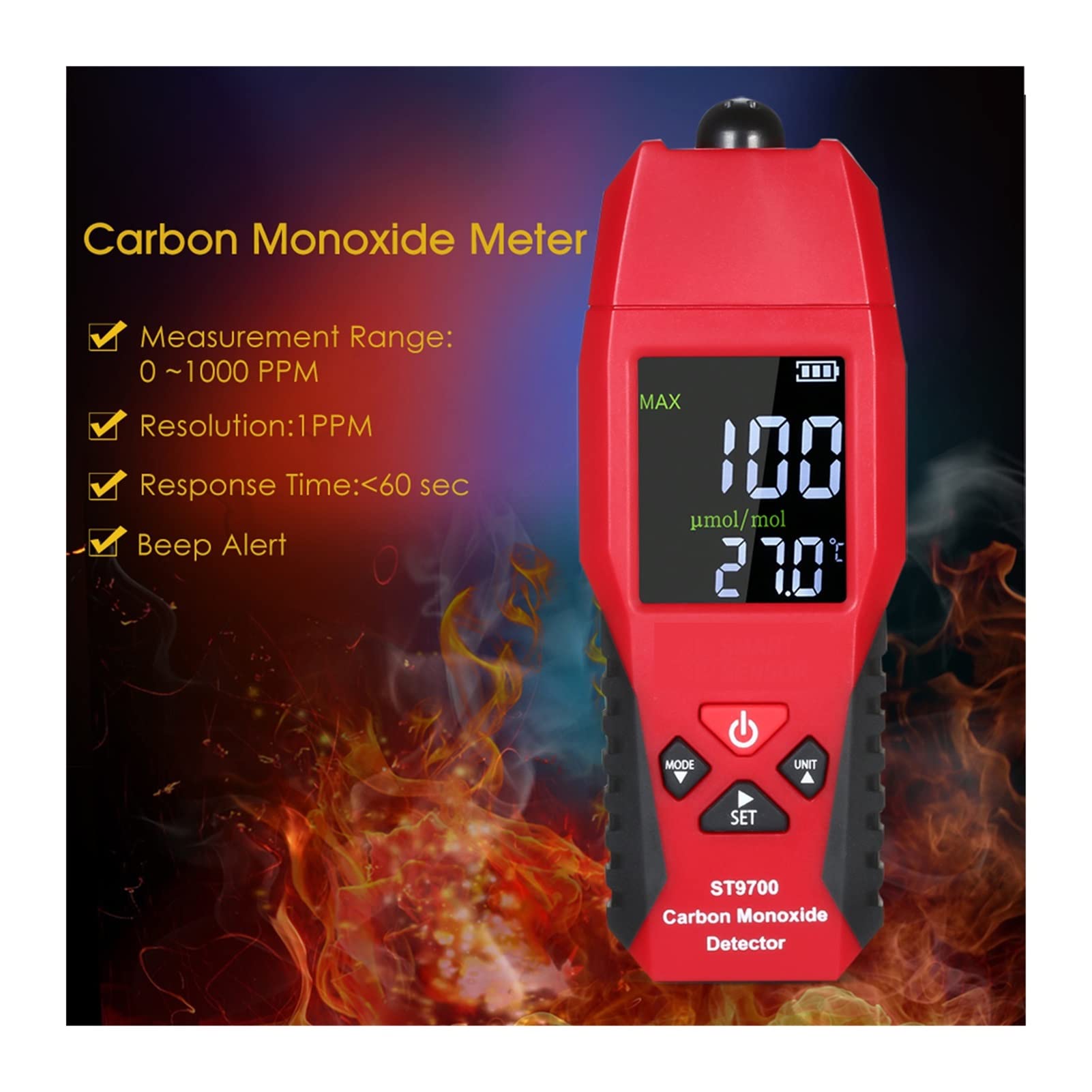 probador de calidad del aire, 2 en 1 CO Detector de gas medidor de temperatura Monóxido de carbono analizador de calidad de aire Monitor de control de gas Analizadores de fugas de gas Lcd Pantalla a c