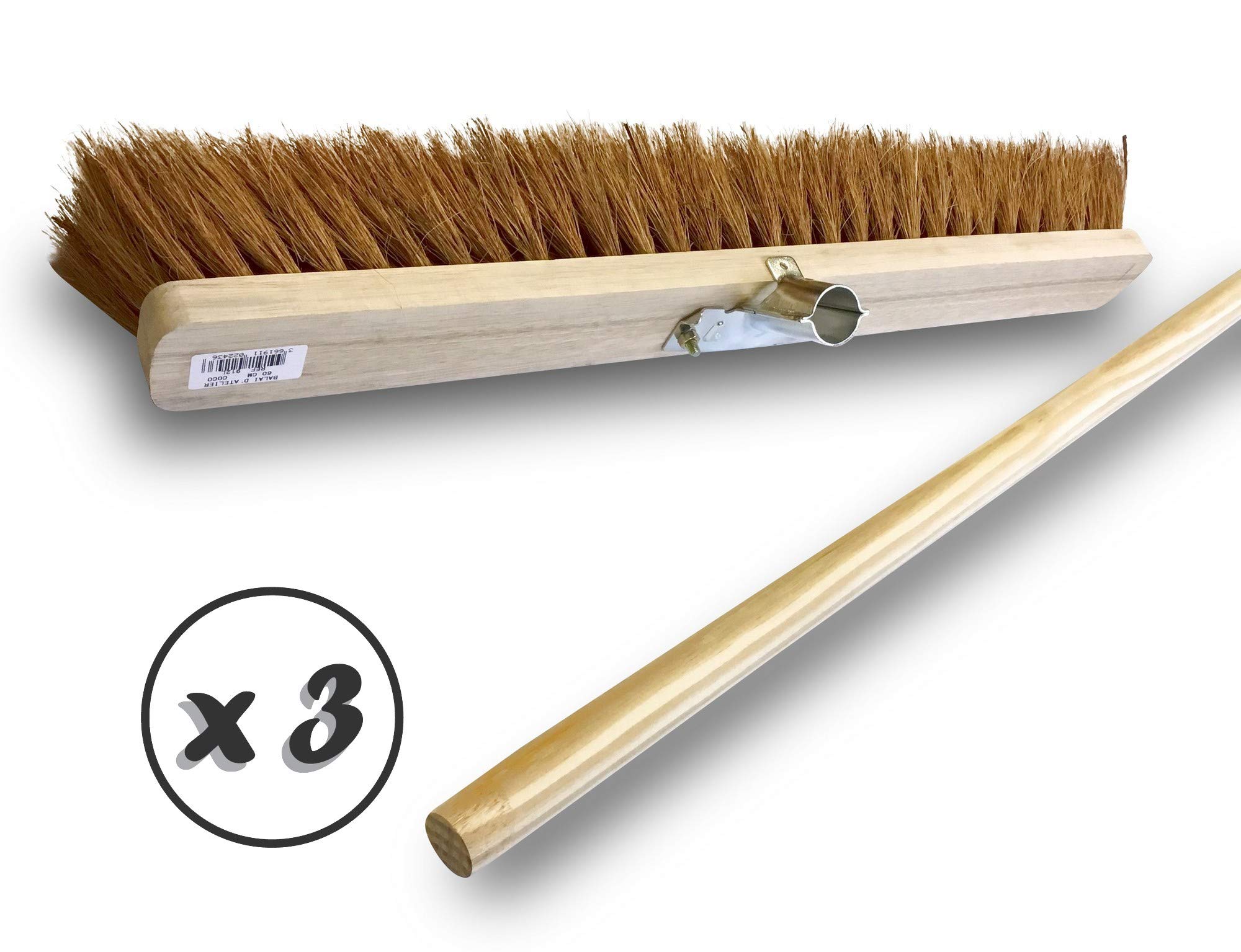 Szczotka warsztatowa typu kantonierka | Zestaw 3 | Outdoor | Włókna kokosowe naturalne | Długość 60 cm | Drewniana podeszwa | Metalowe nakrętki Ø 28 mm | Drewniany uchwyt 1,40 m | Kibros 2060BMx3