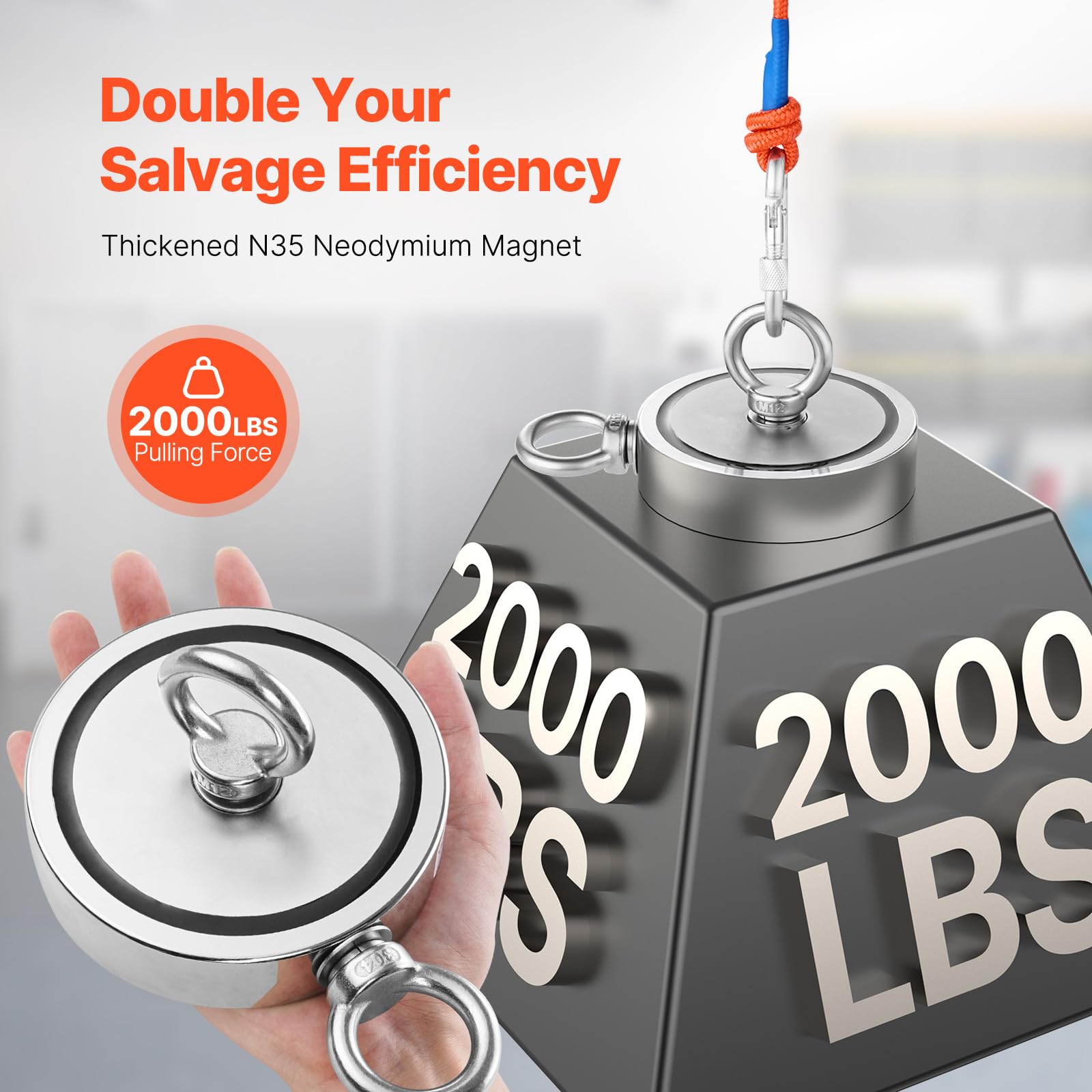 Happybuy Magnet Fishing Kit, 2000 LBS/907 Kg Double-Sided Neodymium Magnet for Fishing, Includes Grappling Hook, Heavy Duty Rope, Gloves, and Eyebolt