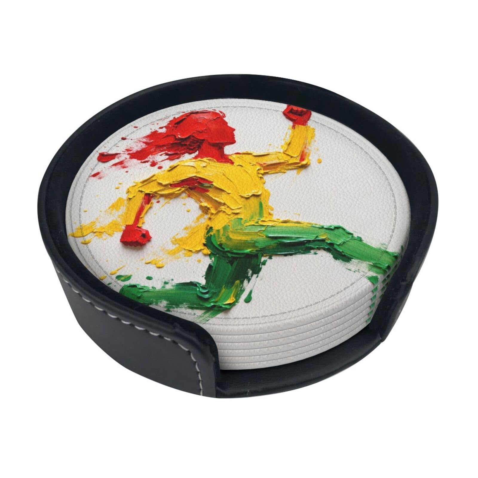 Cntdbu White Paint Splash Figure Leather Coasters Set Of 6-Pu Leather Drink Mats For Table, Heat Resistant Round Coasters With Holder