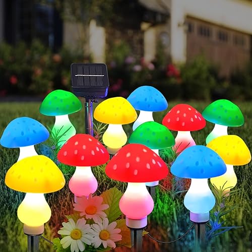 Luces solares de hongo para jardín al aire libre, 12 unidades, 8 modos, 24.6 pies, impermeables, luces solares de seta para patio, camino, fiesta,