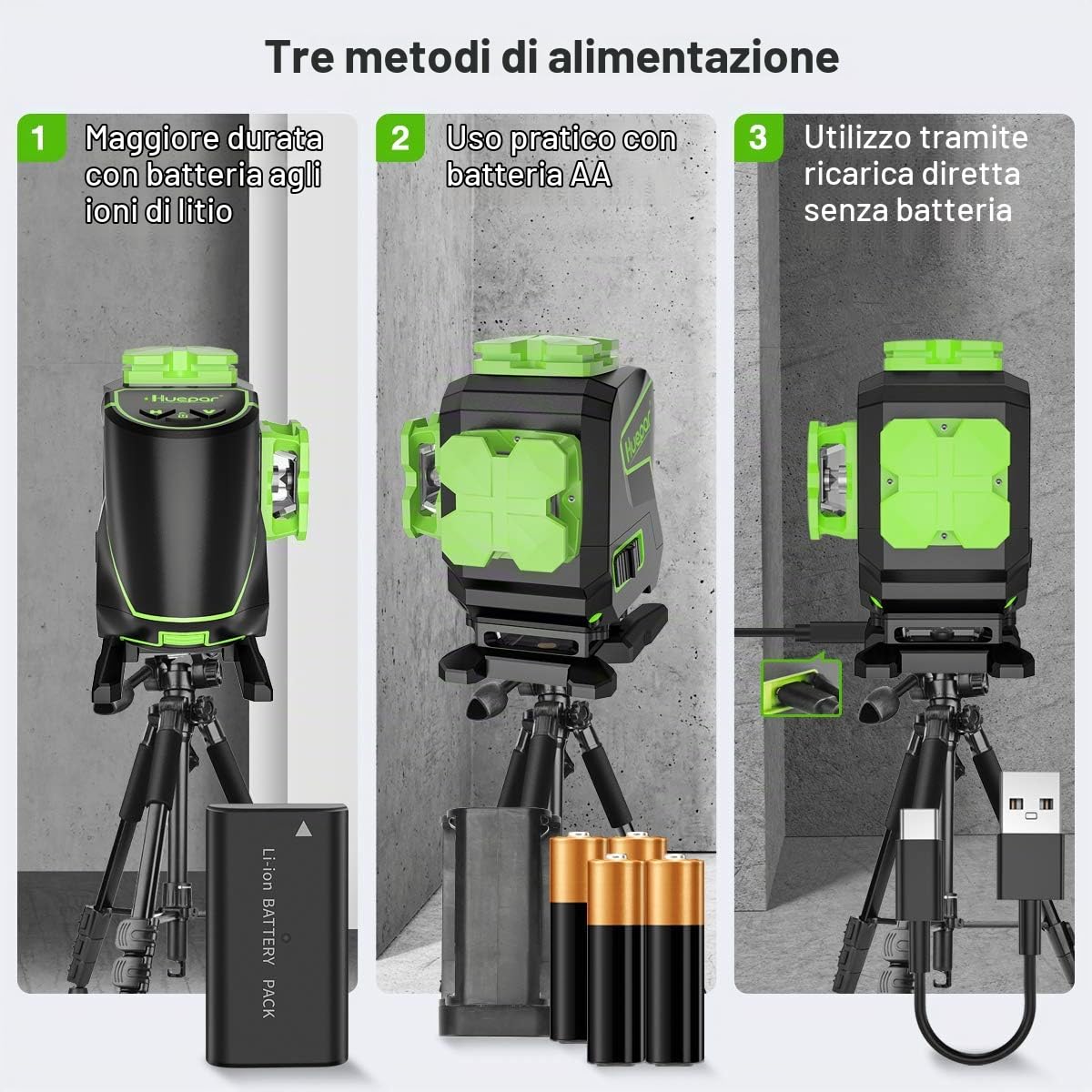Livella laser Huepar,3x360°laser raggio verde autolivellante,S03DG-L | Livella laser terra con linee verticali orizzontali commutabili,dotata batteria agli ioni litio e base magnetica girevole