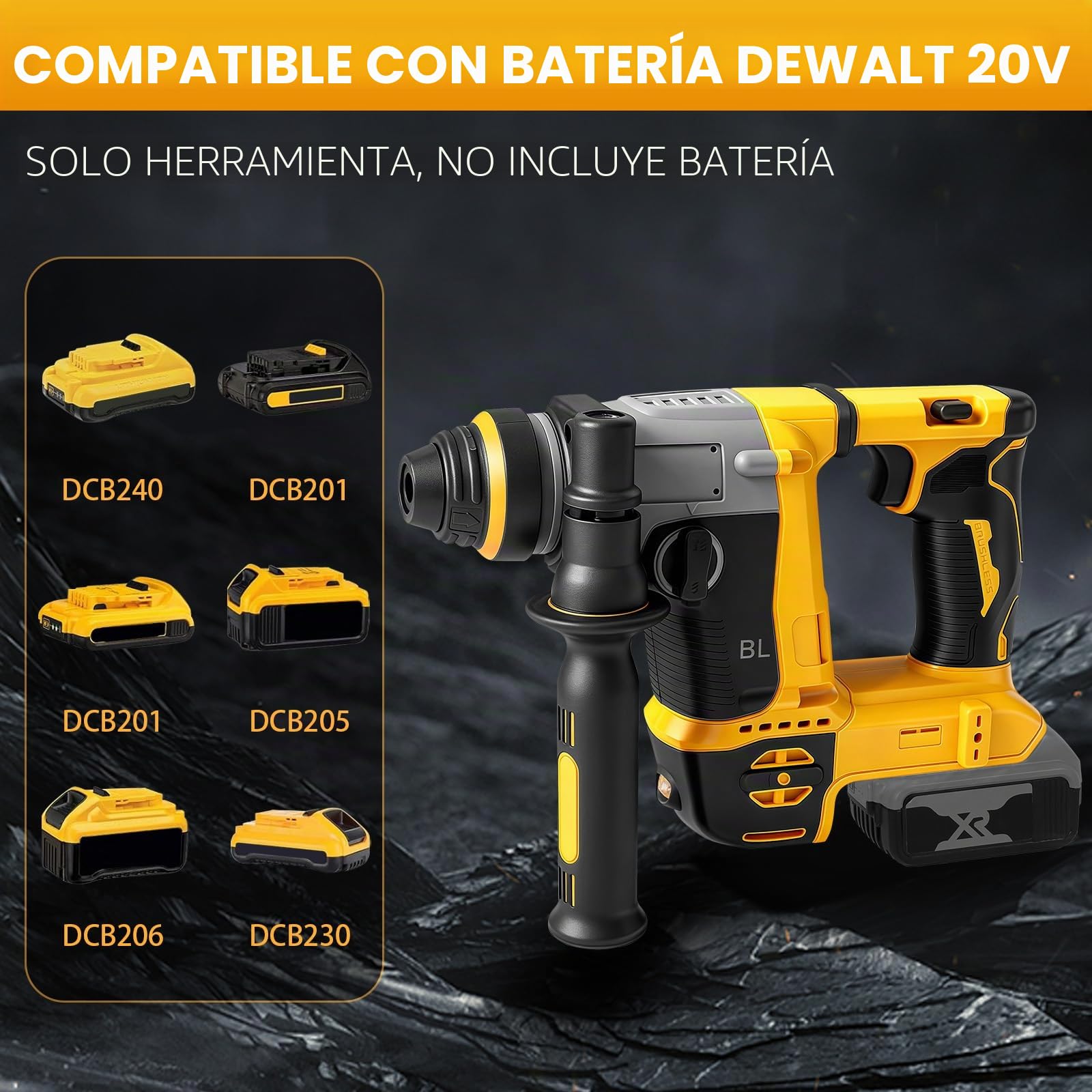 Roadtime 2 en 1 Martillo combinado y taladros para DeWalt 20V(sin batería) | 1250W Velocidad del Hammer de corte 3500 rpm,Hammer combinado con 3x broca SDS PLUS,Energía de golpe 3 J,con 4 funciones