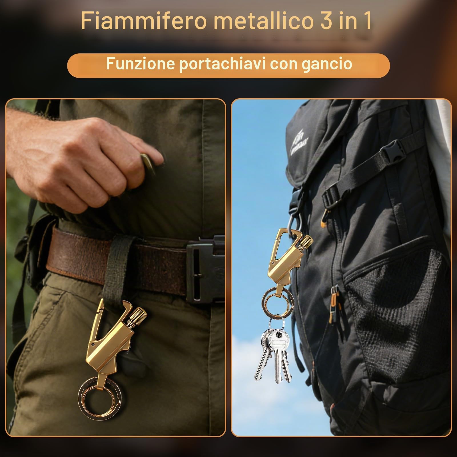 Fiammiferi in metallo, pietra focaia accendino per fuoco, apribottiglie, portachiavi per auto, accendino ricaricabile a cherosene per esterni, attrezzatura di soccorso di emergenza (oro)