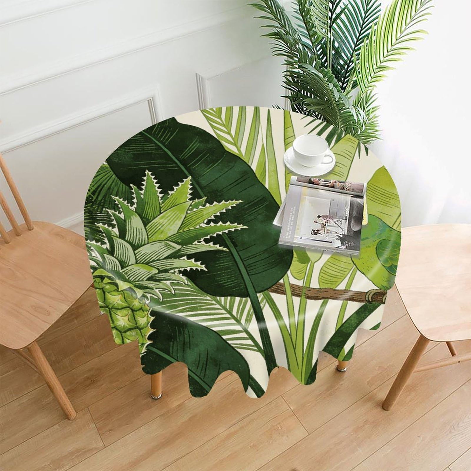 LDGSUPH Green Tropical Round Tablecloth Cover Washable Luxurious Fabric Table Cover Decor Wrinkle Free Fashion Round Table Cloth for Home Dining Kitchen Party 60 in