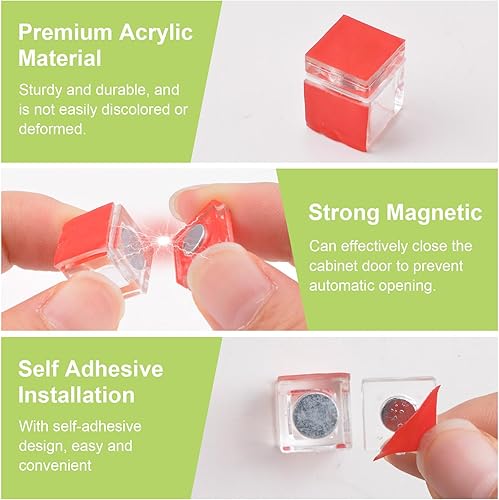 Miniatura 4 de Pestillos magnéticos, 8 juegos de pestillos magnéticos de acrílico transparente para puertas de vidrio autoadhesivas, cierre magnético para gabinete