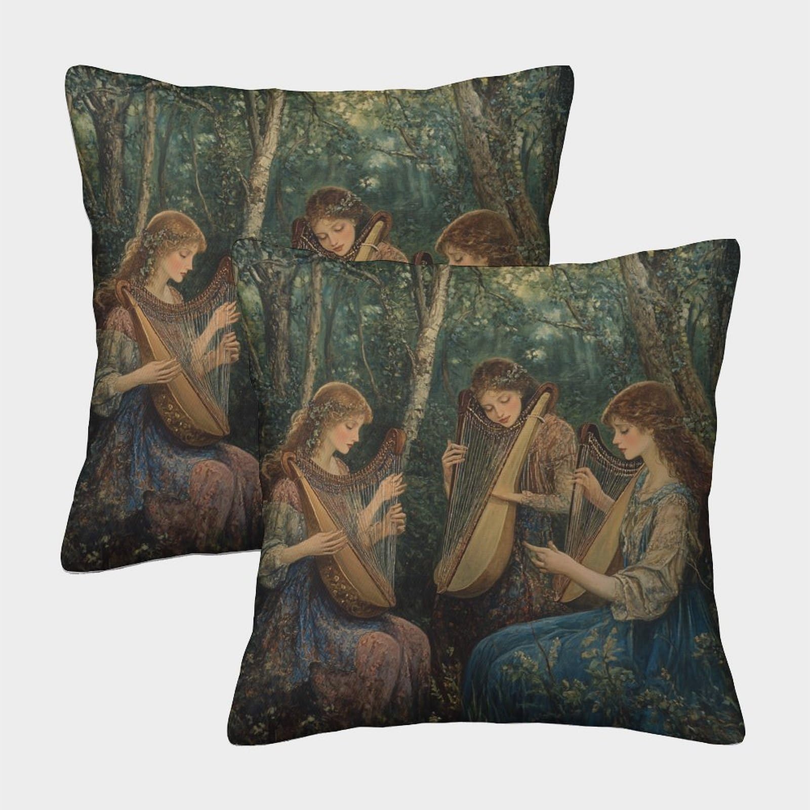 kaiyun 2 Pack Digital Printing 3D Beautiful Woman Playing Harp And Lute in The Forest Theme Square Cushion Cover 50x50cm Suitable for Outdoor Home Bed Decoration Pattern