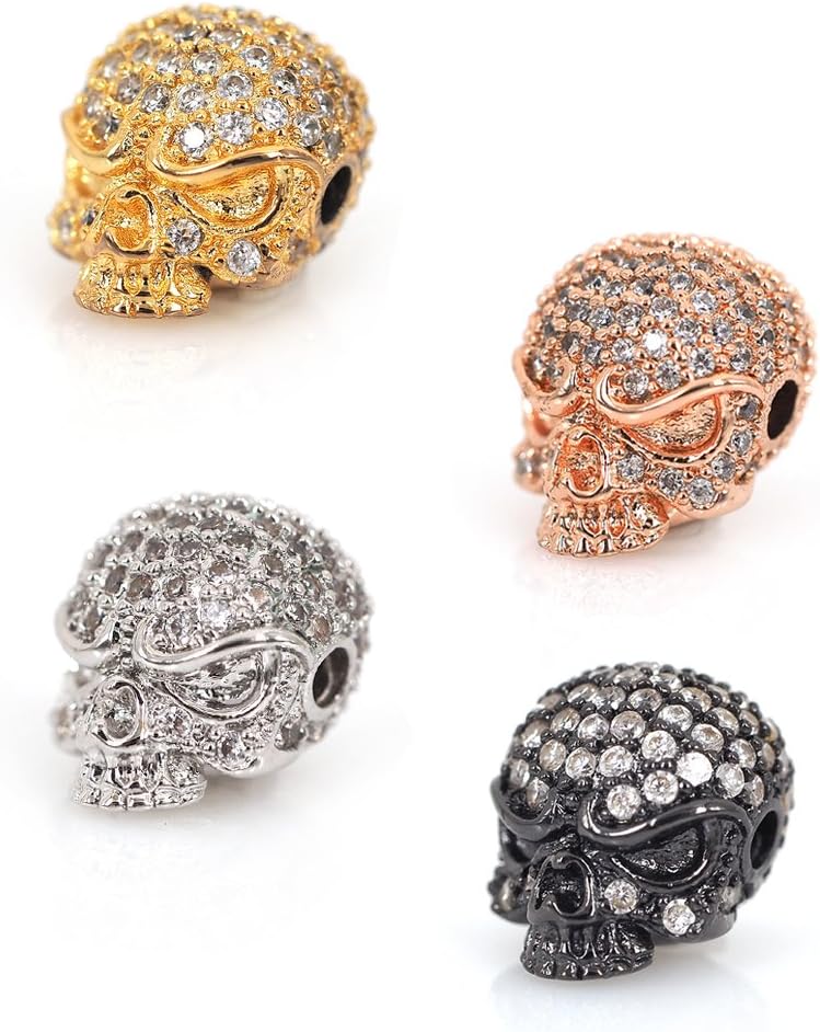 SouthBeat Skull Head Spacer Beads,Clear CZ Cubic Zirconia for Men Women Bracelet Charms Bead Punk DIY Jewelry Making 10x13mm 10Pcs MixColor