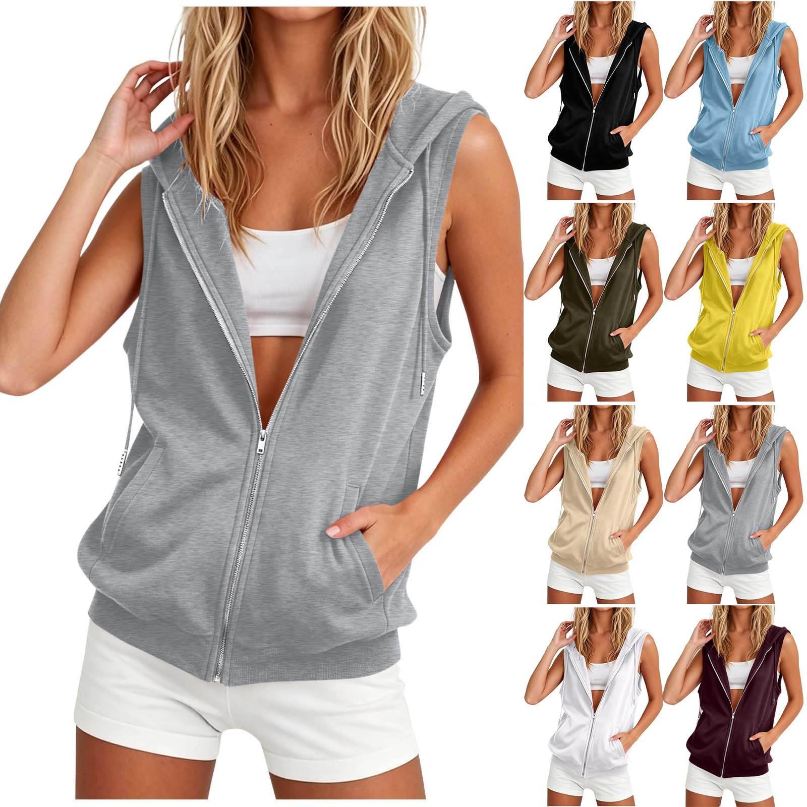 RLEHJN Zipper Hoodie Damen,Ärmellos Kapuzenpullover Sweatjacke Hoodie Sweatshirt Sommerweste mit Reissverschluss Revers Sportweste Outdoor Sportjacke Dünne Windjacke Kapuzenjacke für Running Workout