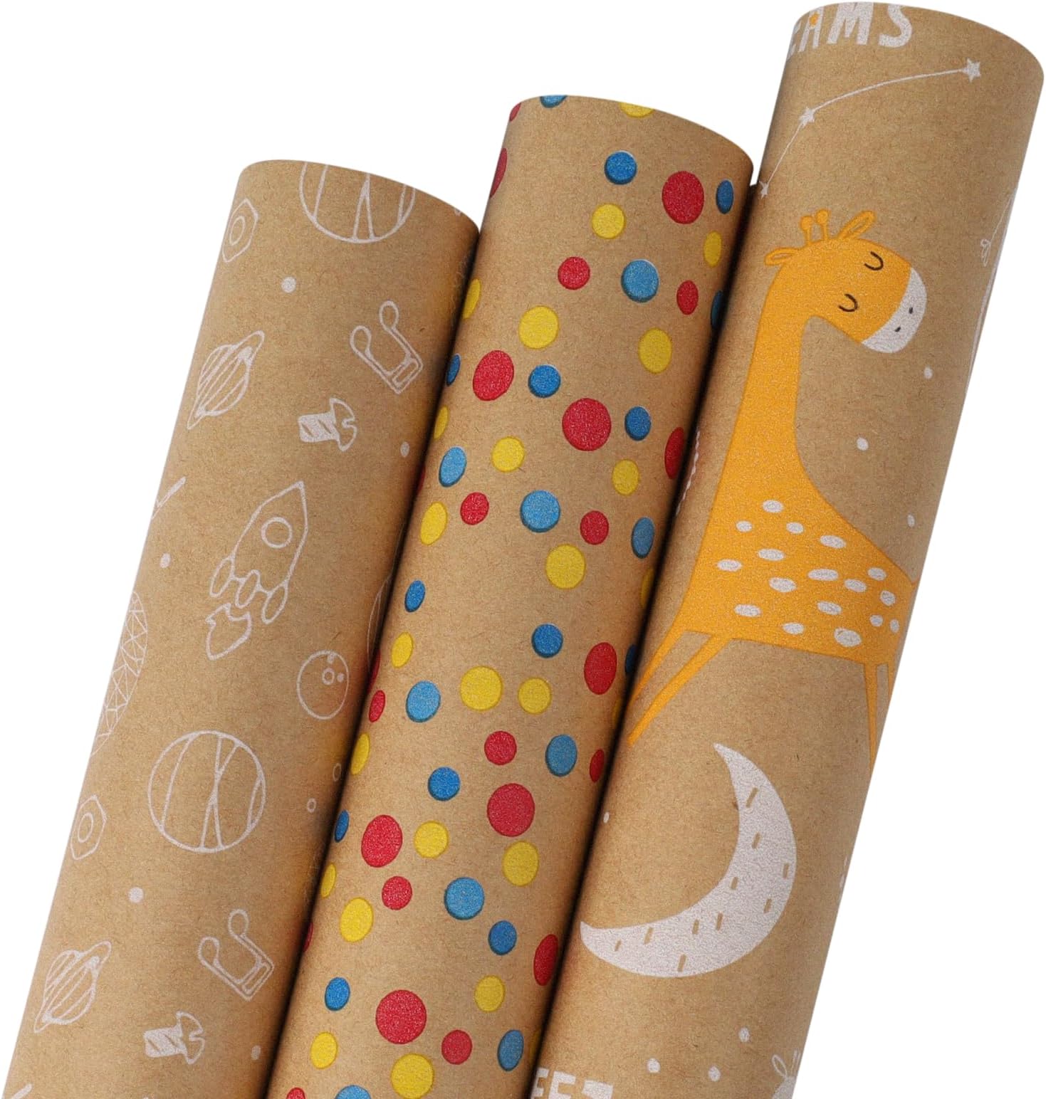 BIOBROWN Baby Shower Wrapping Paper with Tags, Jute String - 17 Inch X 10 Feet per Roll, 3 Rolls - Animals Giraffes, Space, Polka Dots Design for Birthday Neutral Baby Shower Holiday