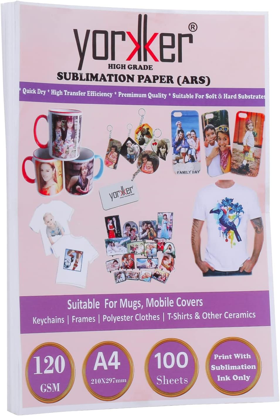 Yorkker Sublimation Paper (ARS) High Grade Quick Dry For Soft & Hard Substrates for Mug Printing, Mobile cases & Covers, Keychain & Other Ceramics 120Gsm A4 X 100 sheets Use Sublimation Ink Only