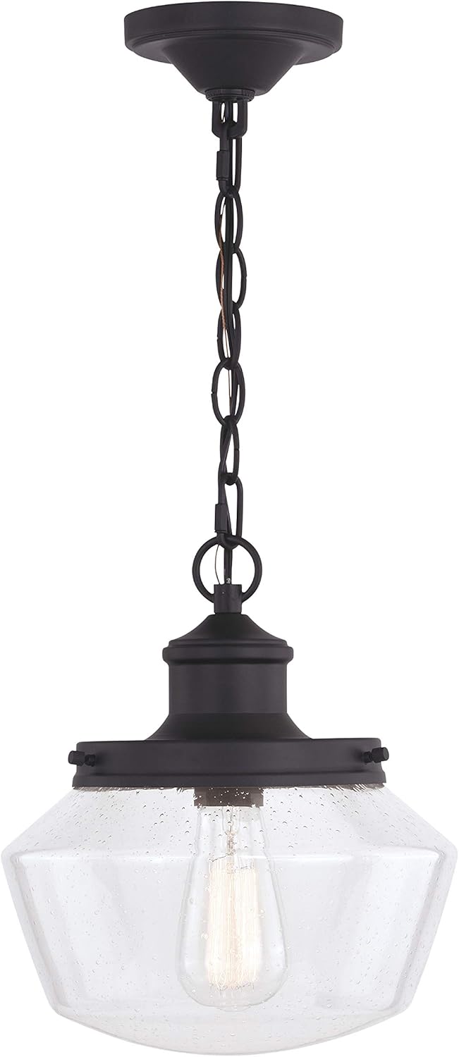 VAXCEL Collins 1 Light Black Farmhouse Outdoor Pendant Clear Schoolhouse Glass