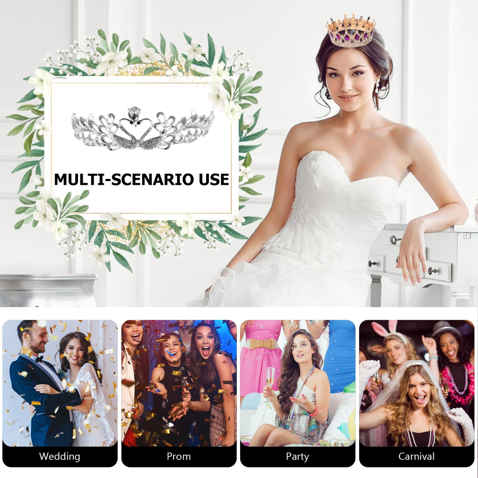 Tiara da Sposa Barocca con Cristalli, Leggera in Lega Dorata