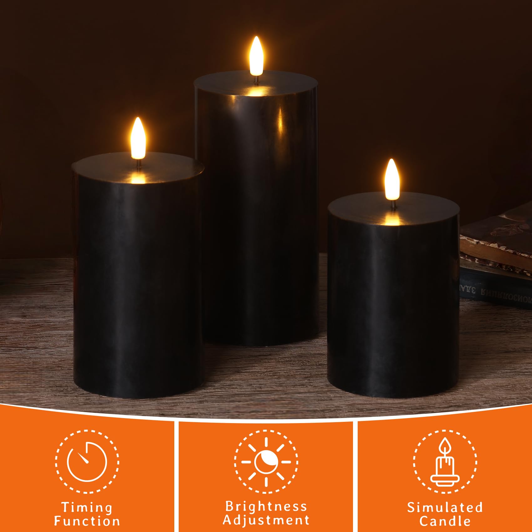 Pack De 3 Velas LED Negras Sin Llama, Con Efecto Cera Goteante Y Temporizador - Perfectas Para Halloween, Navidad O Decoración De Ambiente