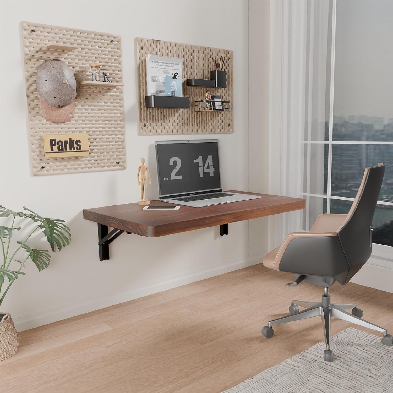 IAE Wall Mounted Folding Table with Pine Wood,24" x 14" Floating Wall Desk,Laundry Folding Table with Shelf Brackets,Fold Down Desk Shelf,Folding Workbench for Home,Dining,Laundry Room,Kitchen,Brown Brown 24*13.7*6.3 Inch