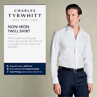 Charles Tyrwhitt Shirts for Men Twill Non-Iron Formal Dress Shirt Long Sleeve Cotton Shirt Classic Fit Classic Collar