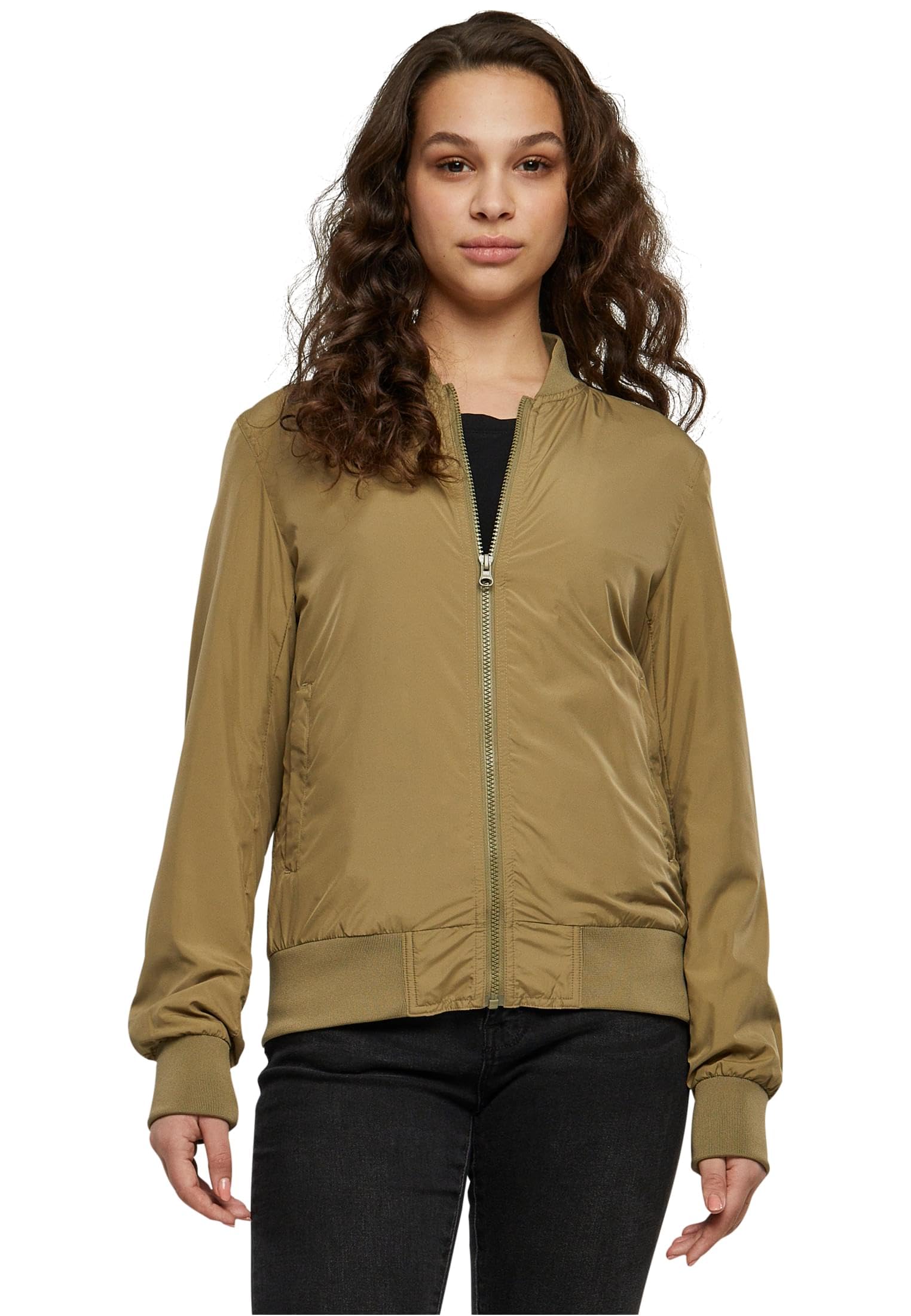 URBAN CLASSICS Giubbotto Bomber da Donna con Polsini a Coste, Giacca a Vento Leggera, Giubbottino Bomber a Maniche Lunghe con Cerniera e Tasche, Colore: Khaki, Taglia: 5XL