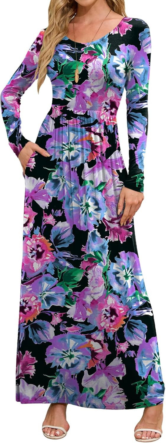DEARCASE Women's Maxi Dress Long Sleeve Crewneck Loose Plain Casual Empire Waist Fall Party Long Dresses with Pockets
