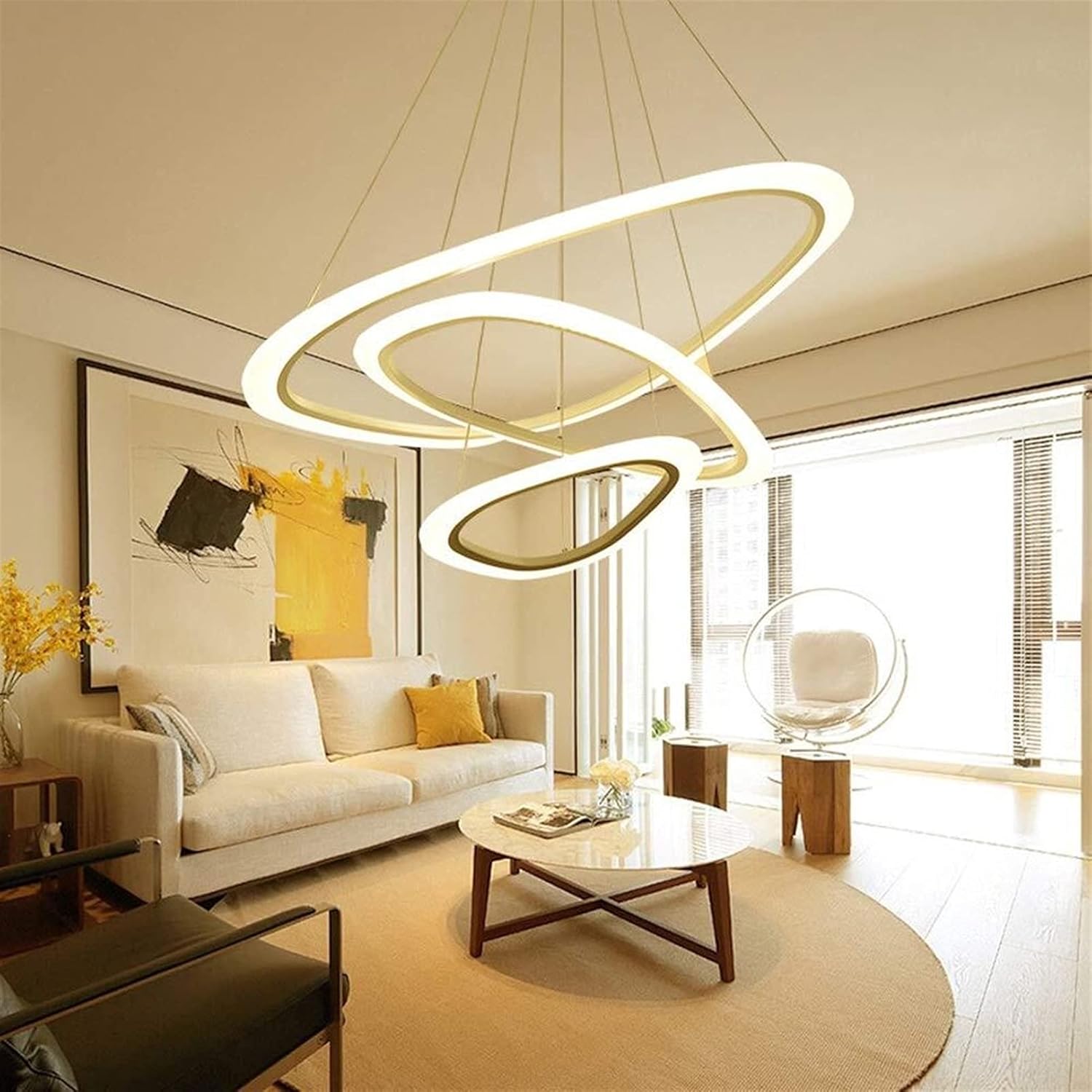 Chandelier Multivariant Style Simple Ring 3 Circle Ceiling Lamp Round Light Iron Acrylic Chandelier Villa Hotel Dining Living Room Restaurant Coffee Shop LED White Warm (Color : White Light) (Whit