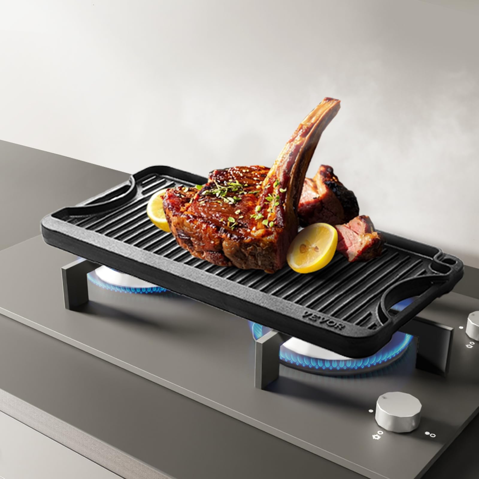 VEVOR Piastra per Cucina in Ghisa Reversibile 492 x 218 mm, Padella Rettangolare Portatile con Manico, Pentolame per Piano Cottura Peso ca. 6 kg Piastra per Cottura Barbecue Materiale in Ghisa