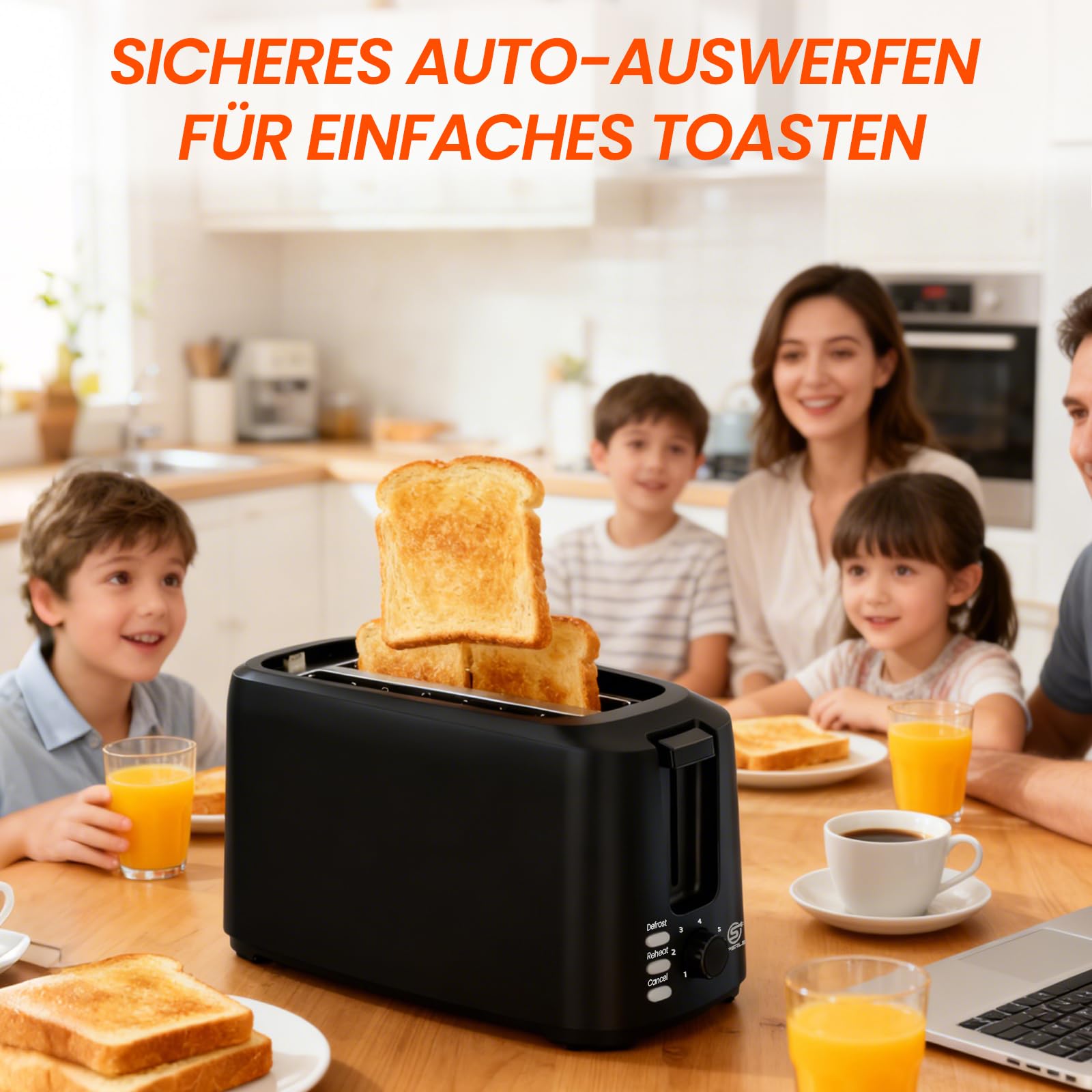 Tostapane a fessura lunga, 4 fette, 1450 W, 7 livelli di doratura, funzione scongelamento, riscaldamento e stop, con inserto per panini e cassetto briciole lavabile, per baguette, pane e
