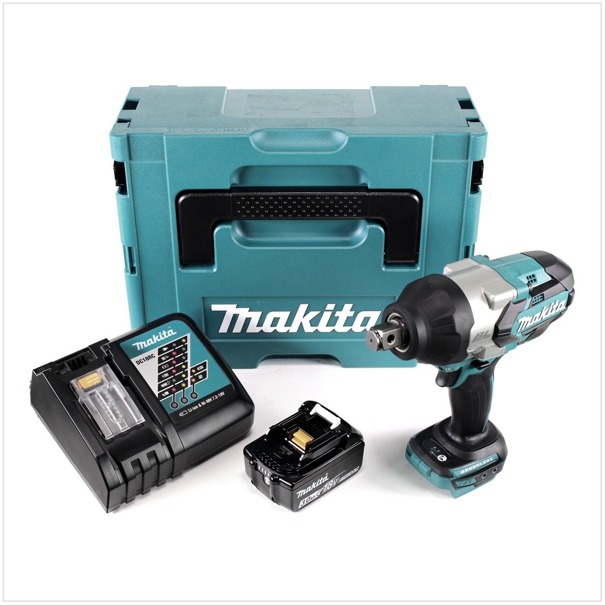 Makita DTW 1001 RF1J 18 V Li-Ion bezszczotkowa akumulatorowa wkrętarka udarowa z obudową Makpac + 1 x akumulator BL 1830 3,0 Ah + szybka ładowarka DC 18 RC
