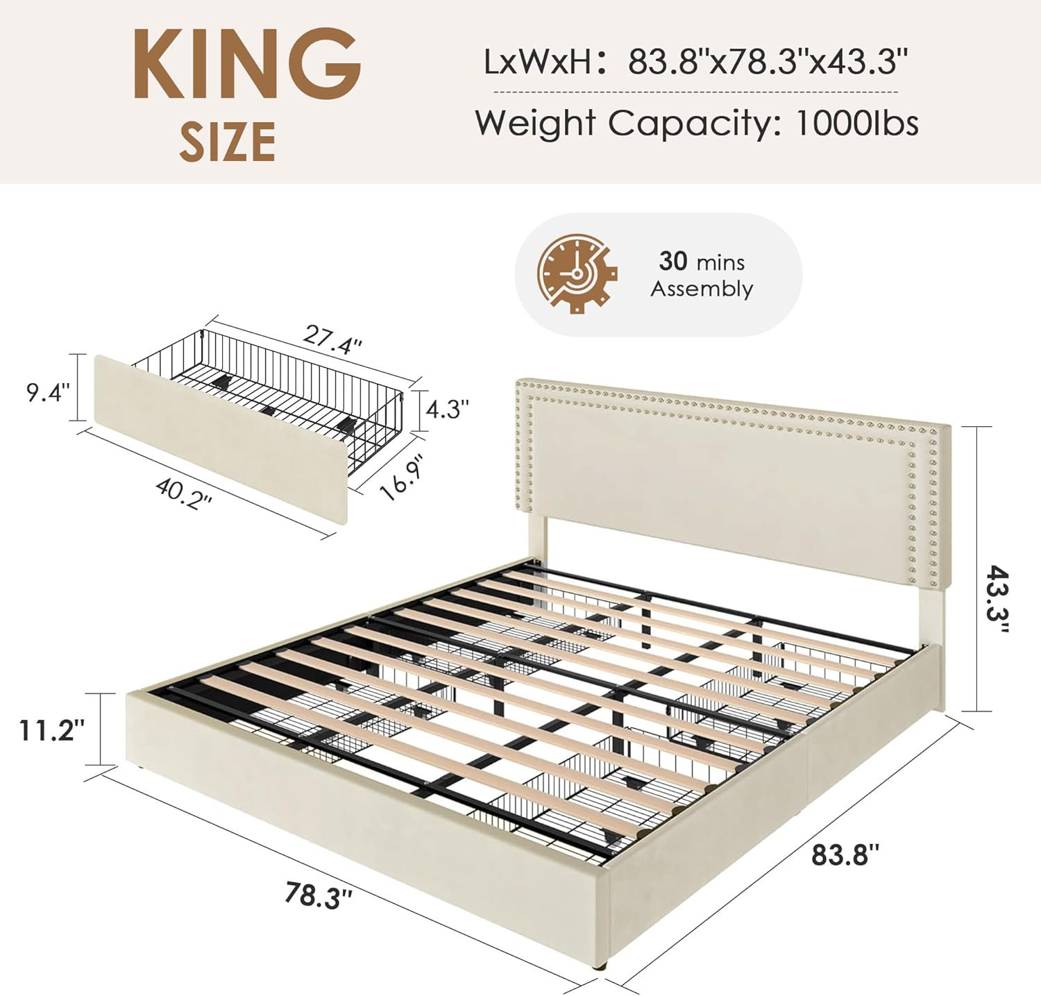 VECELO Queen Size Upholstered Bed Frame with 4 Storage Drawers, Adjustable Velvet Rivet Decor Headboard, Wooden Slats Platform Support, No Box Spring Needed, Easy Assembly,Beige