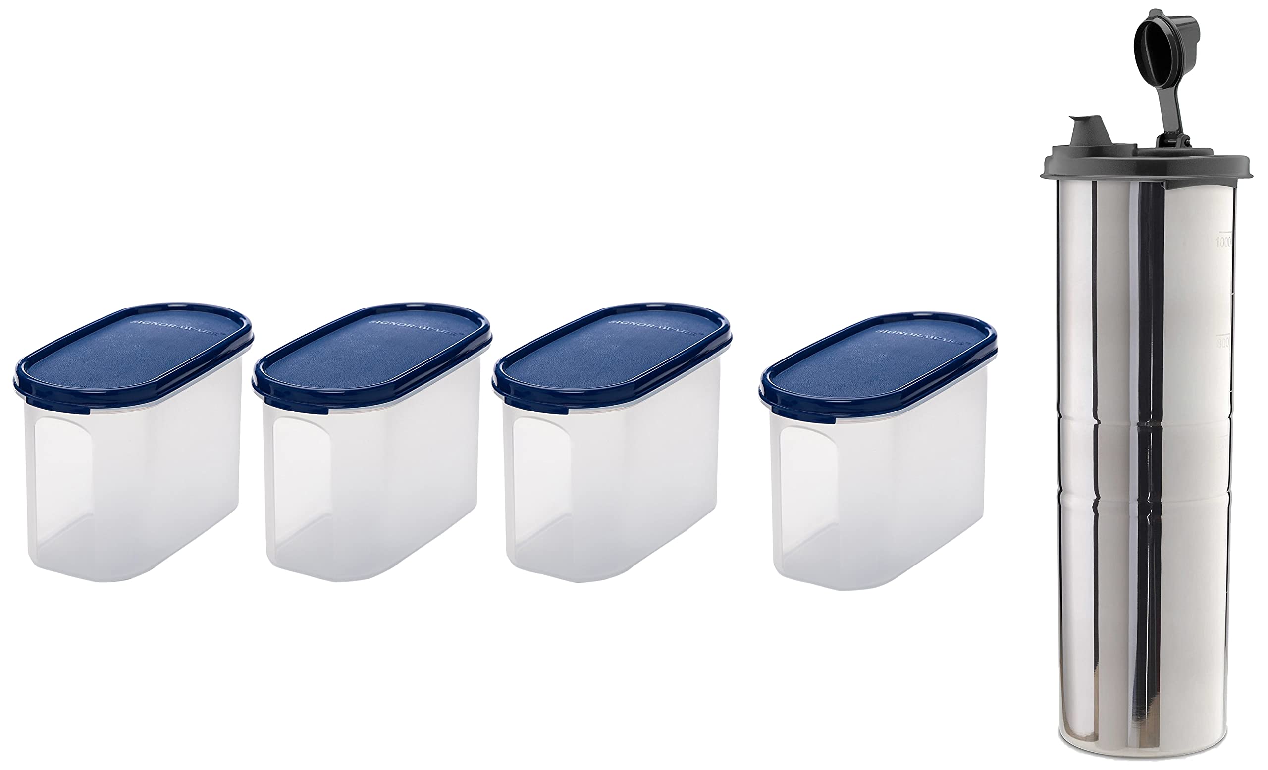 Signoraware Oval Plastic Container Set, Set of 4, 1.1 litres, Blue & Signoraware Easy Flow Stainless Steel Oil Dispenser 1.1 Liters, Black, Set of 1 (B0BRGBMNVC) Amazon Price History, Amazon Price Tracker