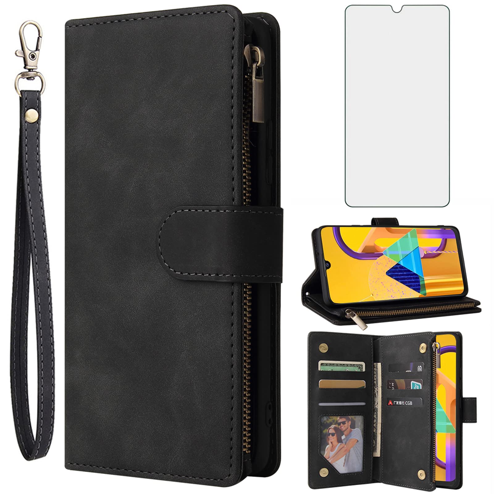 AsuwishCompatible with Samsung Galaxy M30s M21 Wallet Case Tempered Glass  Screen Protector and Leather Flip Cover Card Holder Cell Accessories Phone