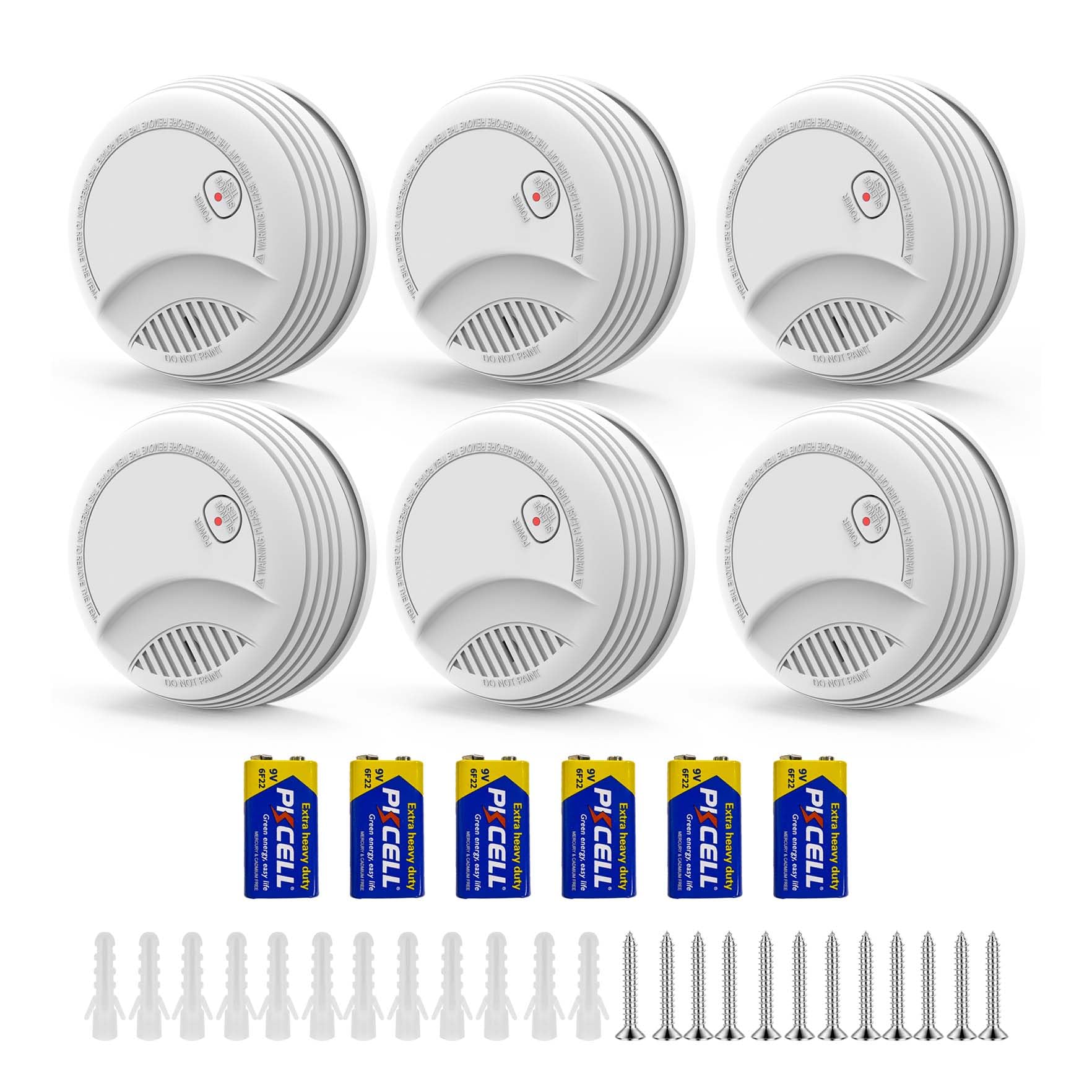 XUK Smoke Alarms for Home 6 Pack, Battery-Powered Photoelectric Fire Alarm with Replaceable 9V Battery, Test & Silence Button, Fire Detector Smoke Detector with LED Indicator (6 Pack)