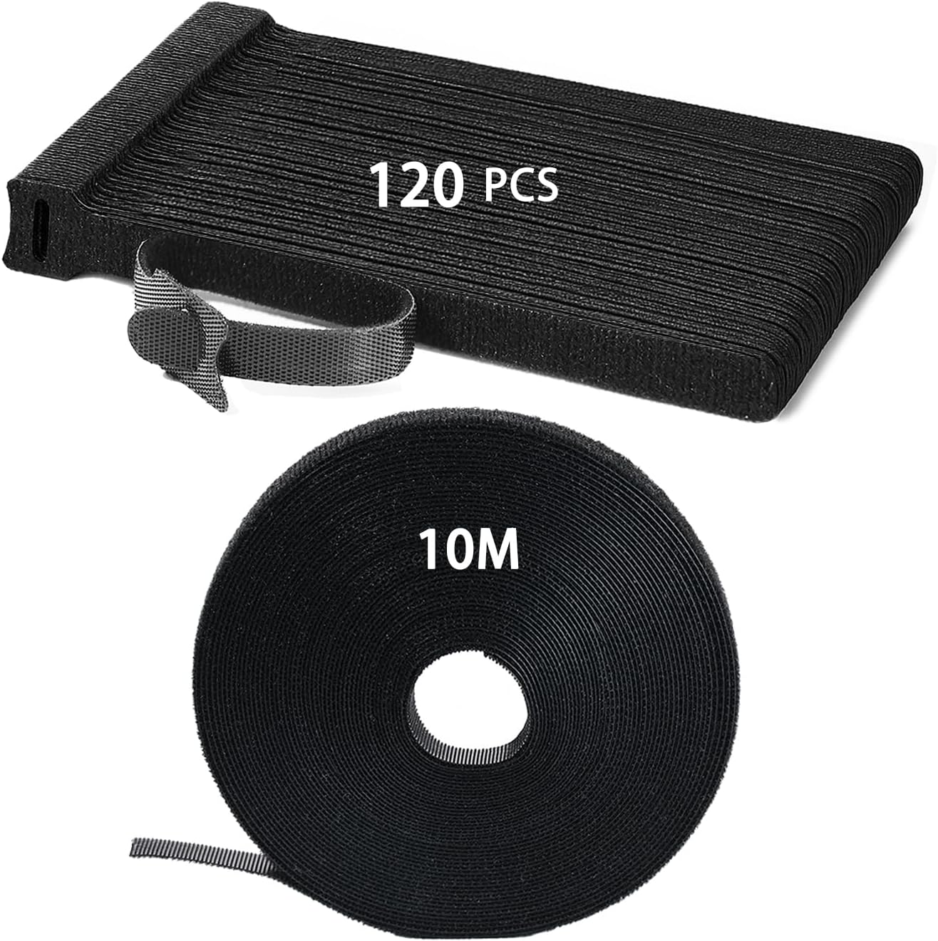 Reusable Cable Ties 120 PCS with 10M Hook & Loop Strap, Black - Cord Management for Home, Office, Workspace, Travel & Crafting – Keep Wires Organized & Tangle-Free