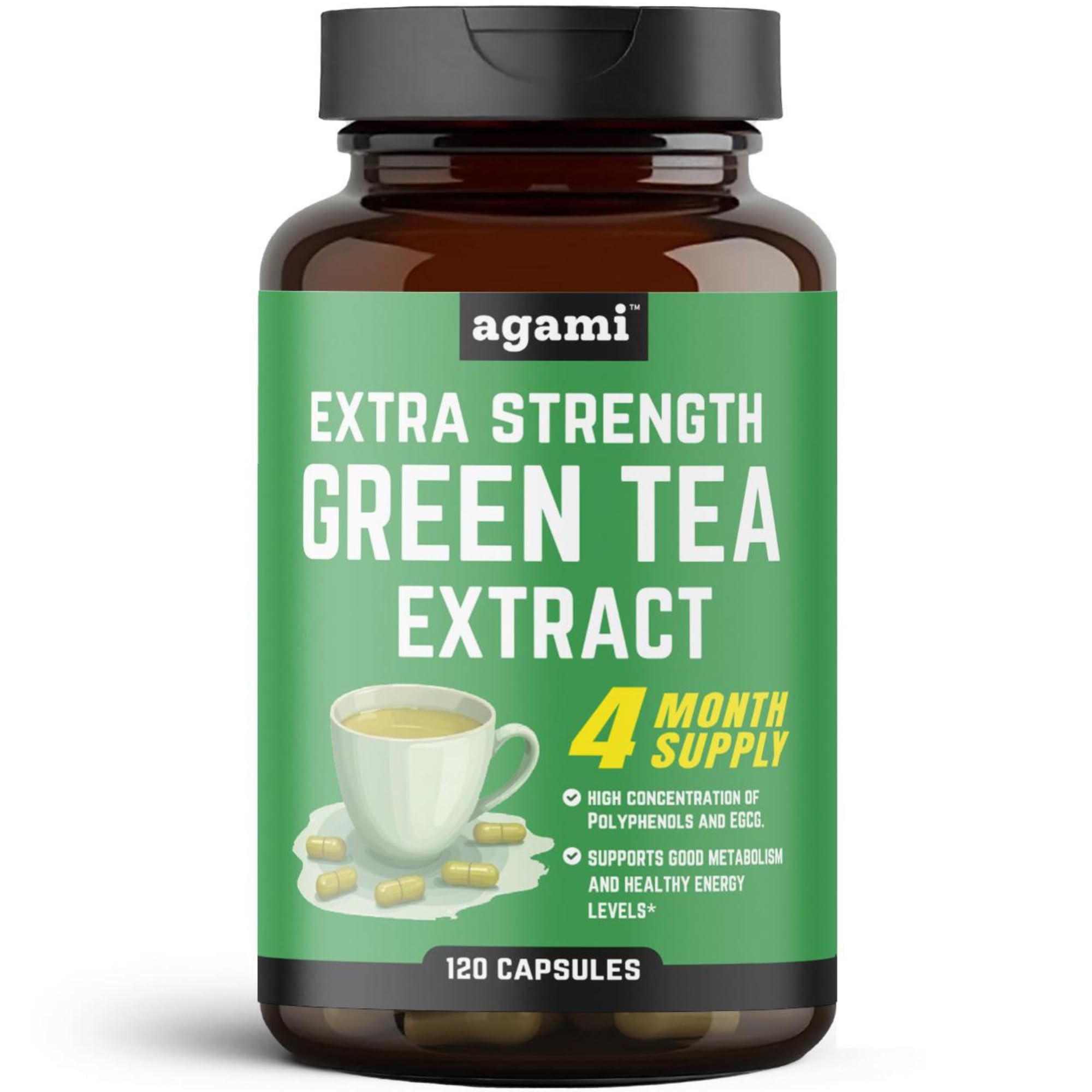 Agami Green Tea Capsules | 4 Month Supply | Energy & Metabolism Support | 20:1 Extract - 120 Capsules