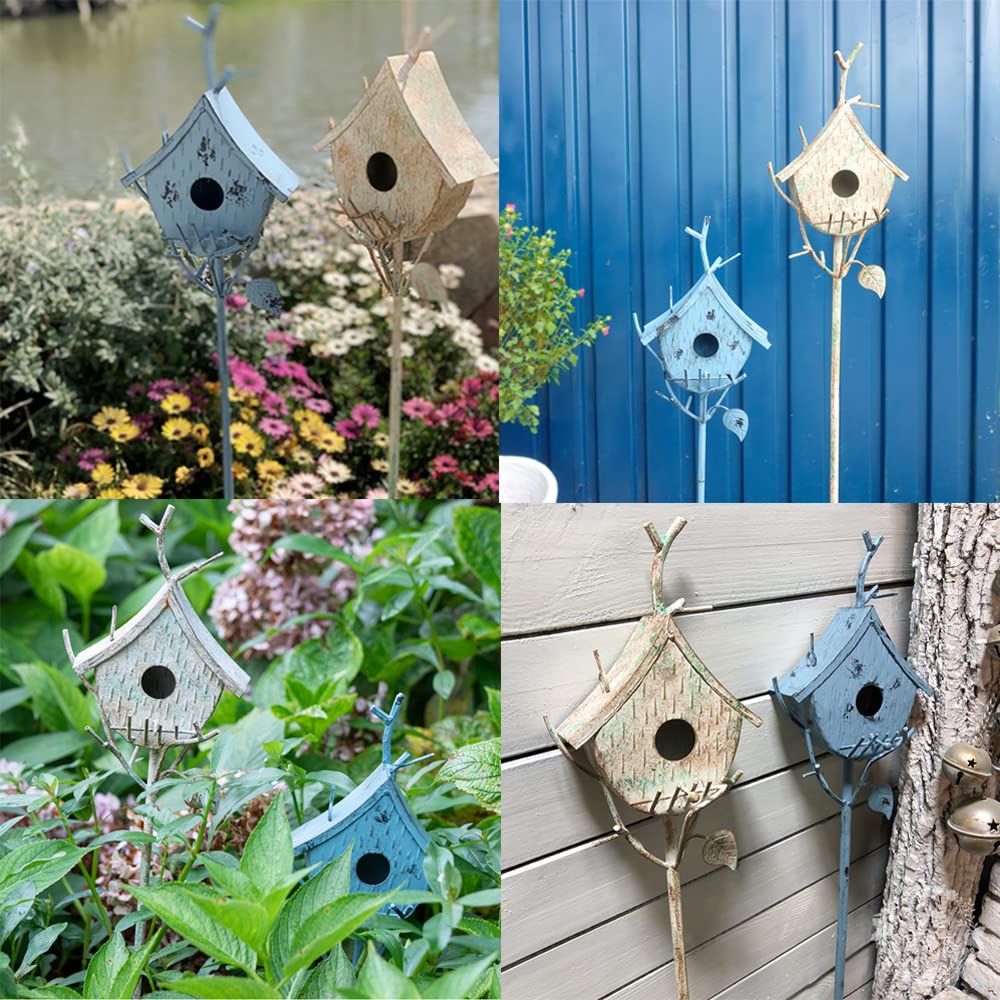 Casas de pájaros para exteriores con poste, estaca de metal para exteriores, casa rústica para pájaros en soporte de poste para decoración de casa de pájaros, decoración decorativa de jardín y patio