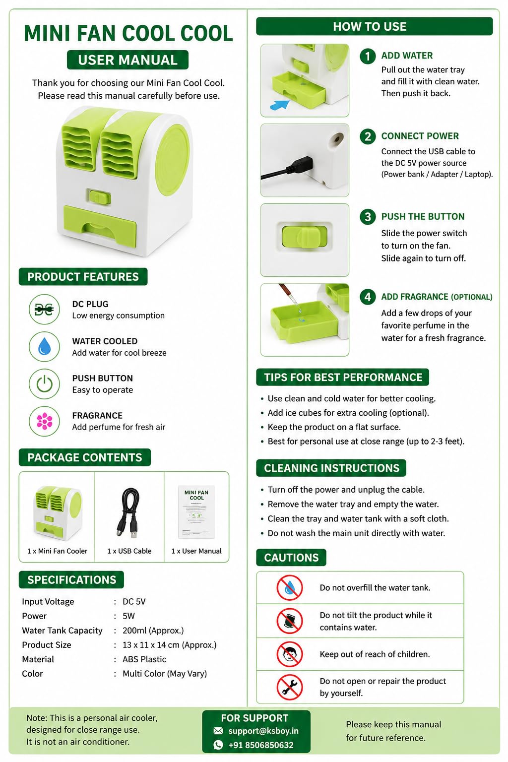 KSBOY Portable Small Plastic Air Conditioner Water Cooler Mini Fan
