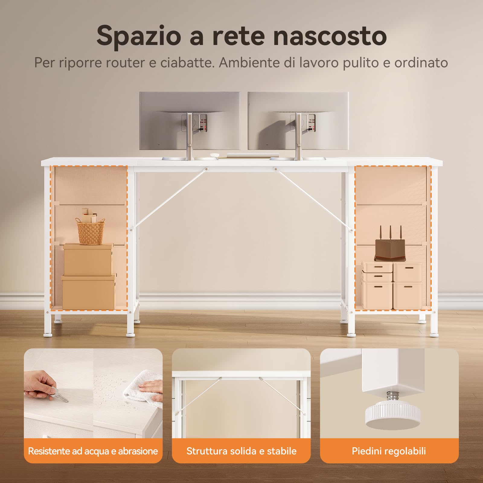 Coleshome Scrivania con 6 Cassetti, 160x52 cm Scrivania Salvaspazio, Scrivanie Ufficio con Ripiani per l'Ufficio di Casa, Bianca
