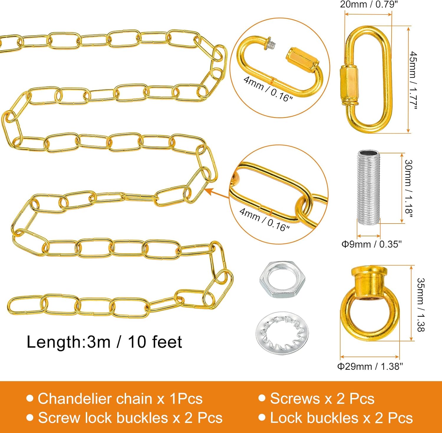 PATIKIL 10 Feet Lighting Chain for Hanging Lamp, Chandelier Chain Light Fixture Chain Load Capacity 65 lbs for Pendant Light, Ceiling Fan, Bright Gold